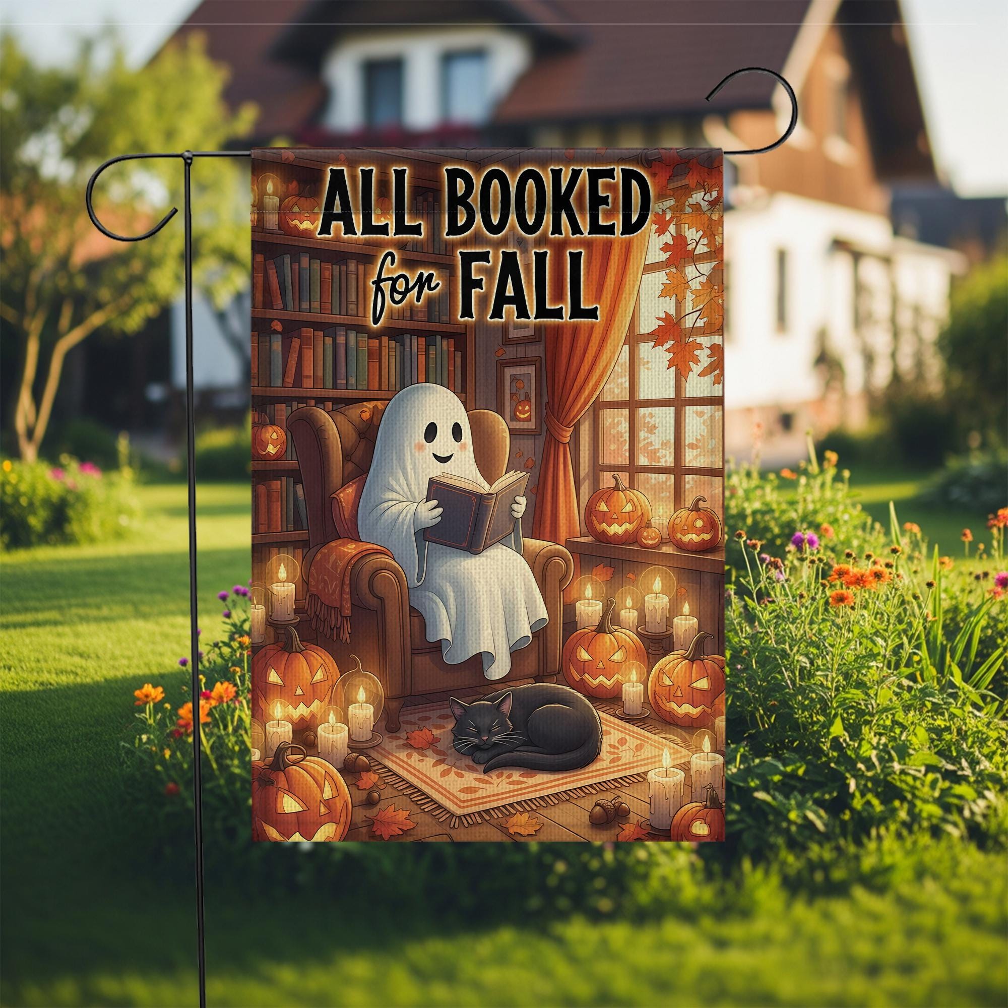 Fall Garden Flag: Cozy Ghost Reading Halloween Bookshelf Decor