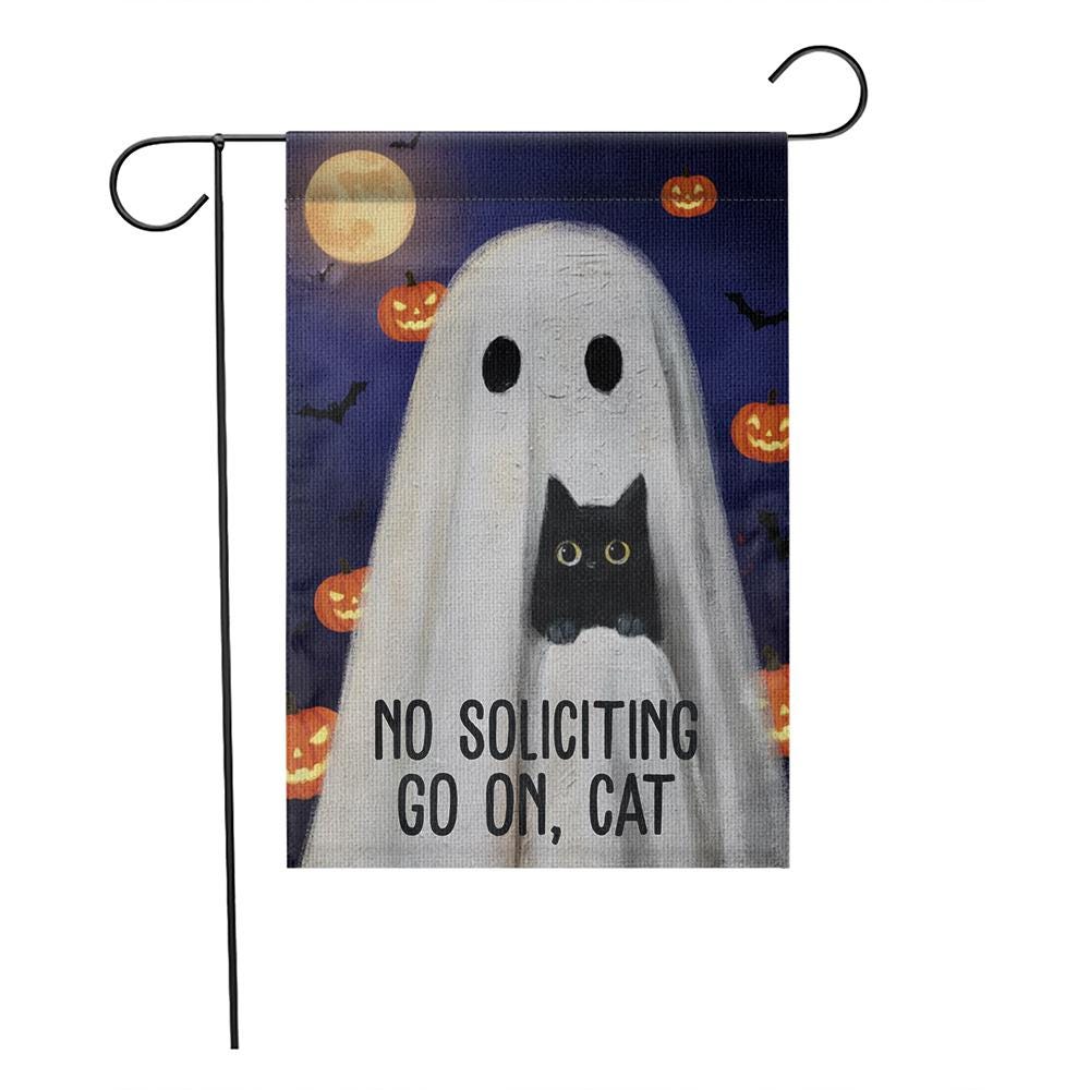 Humorous No Soliciting Garden Flag: Ghost & Cat Halloween Decor