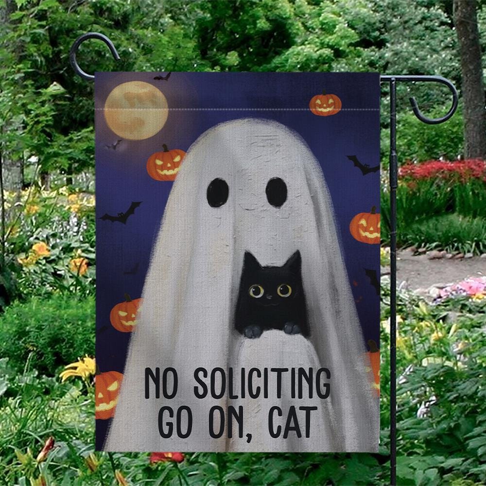 Humorous No Soliciting Garden Flag: Ghost & Cat Halloween Decor