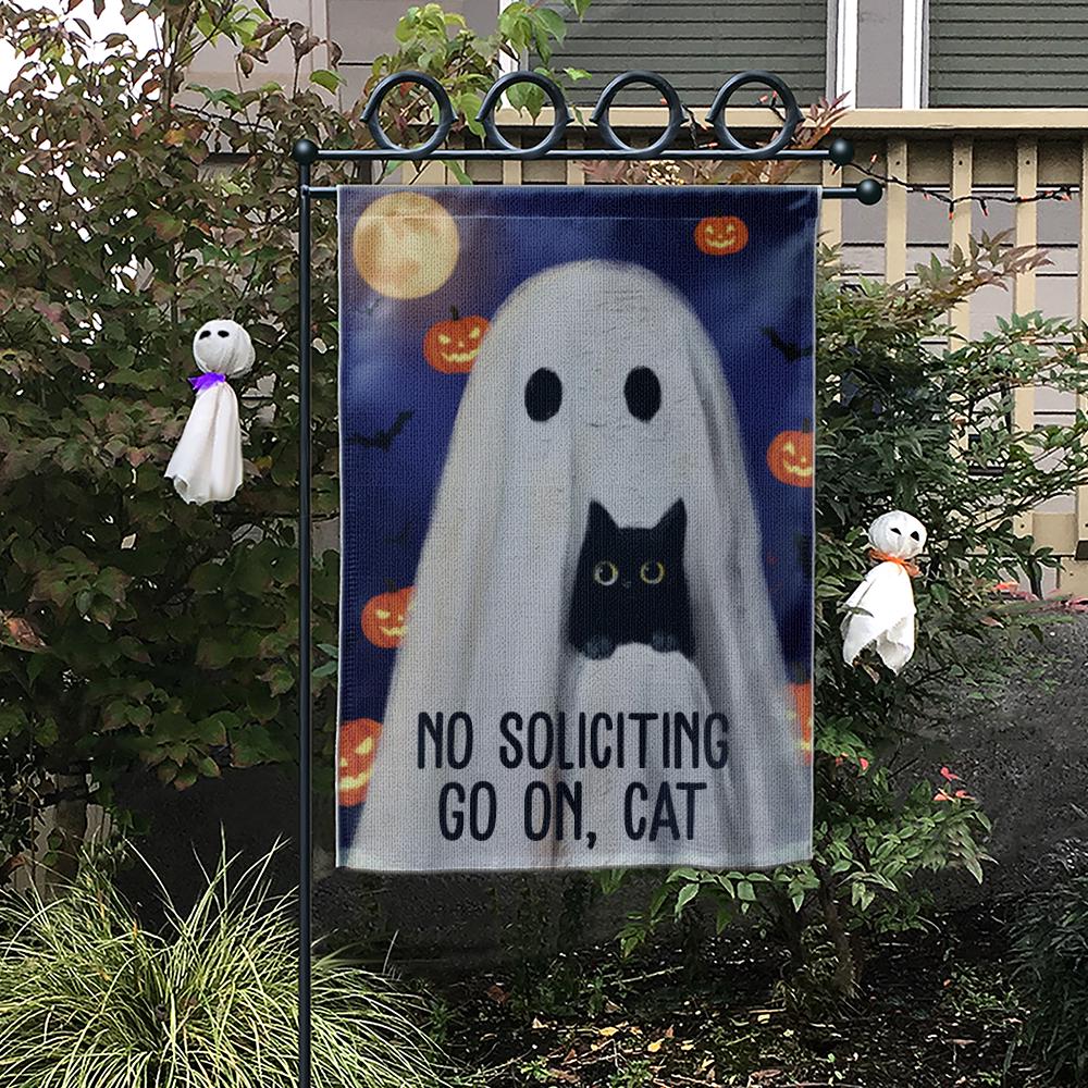 Humorous No Soliciting Garden Flag: Ghost & Cat Halloween Decor
