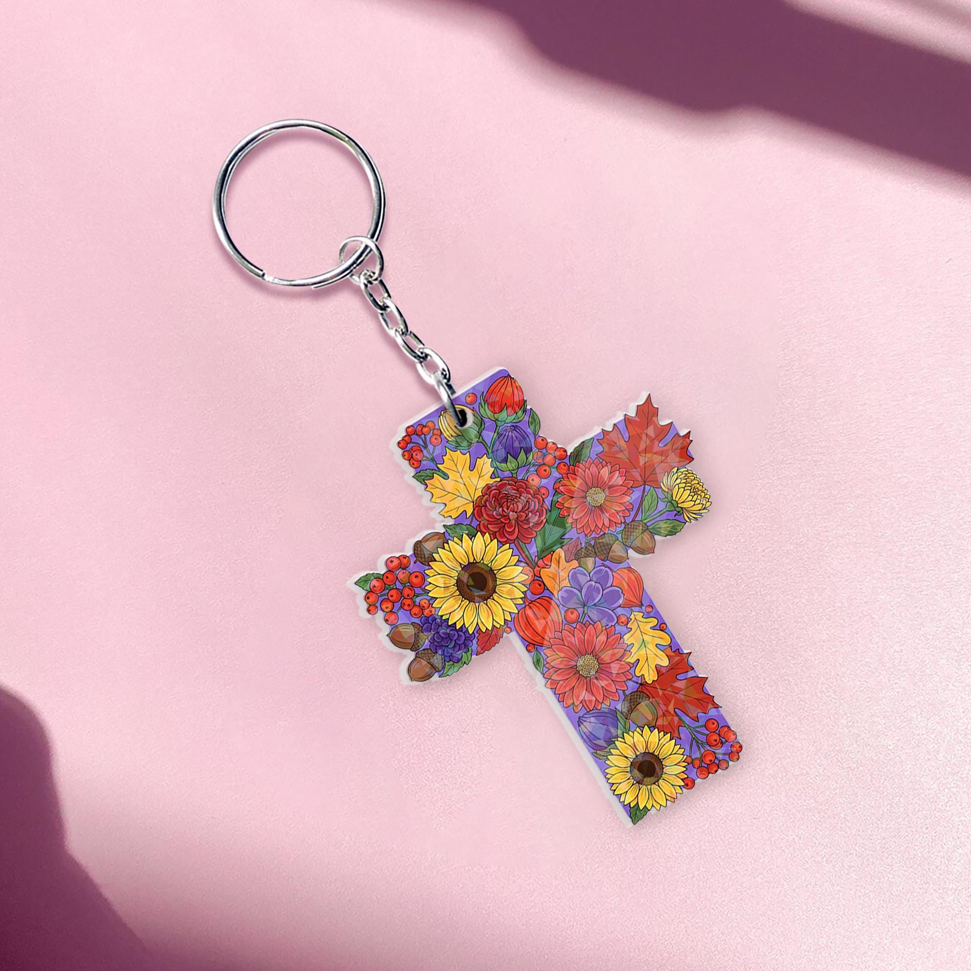 Floral Cross Acrylic Keychain: Christian Religious Gift
