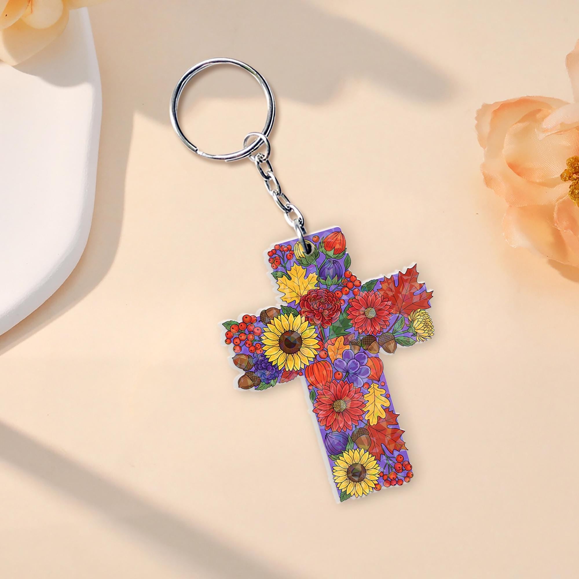 Floral Cross Acrylic Keychain: Christian Religious Gift