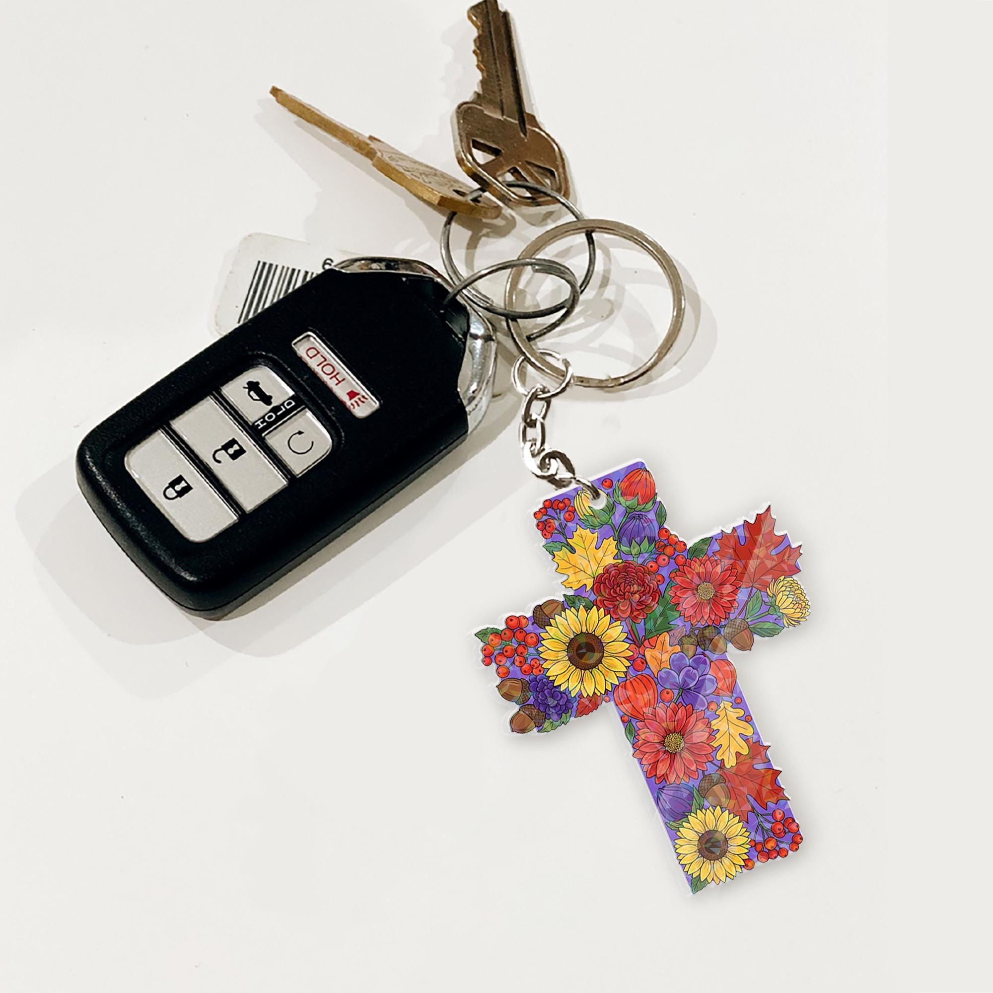 Floral Cross Acrylic Keychain: Christian Religious Gift