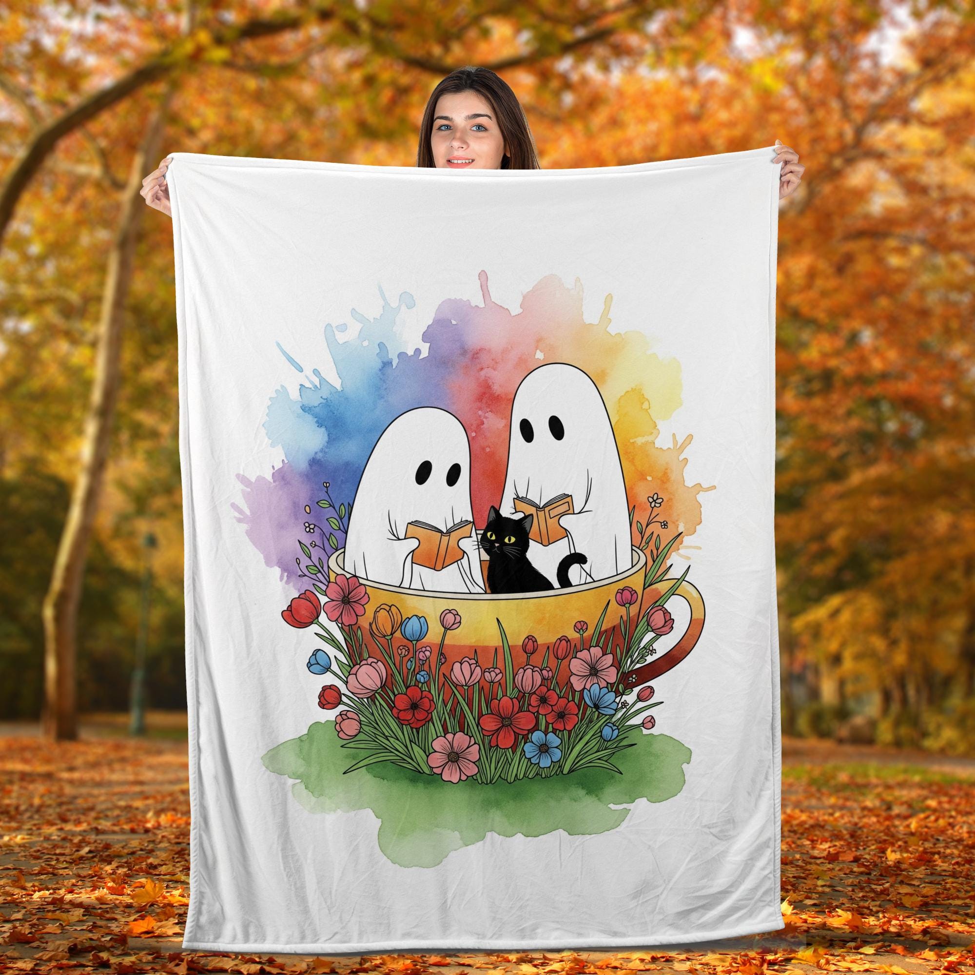 Cute Ghost Blanket with Black Cat & Flowers | Spooky Cozy Throw, Halloween Ghost Decor, Witchy Cat Lover Gift, Gothic Home Blanket