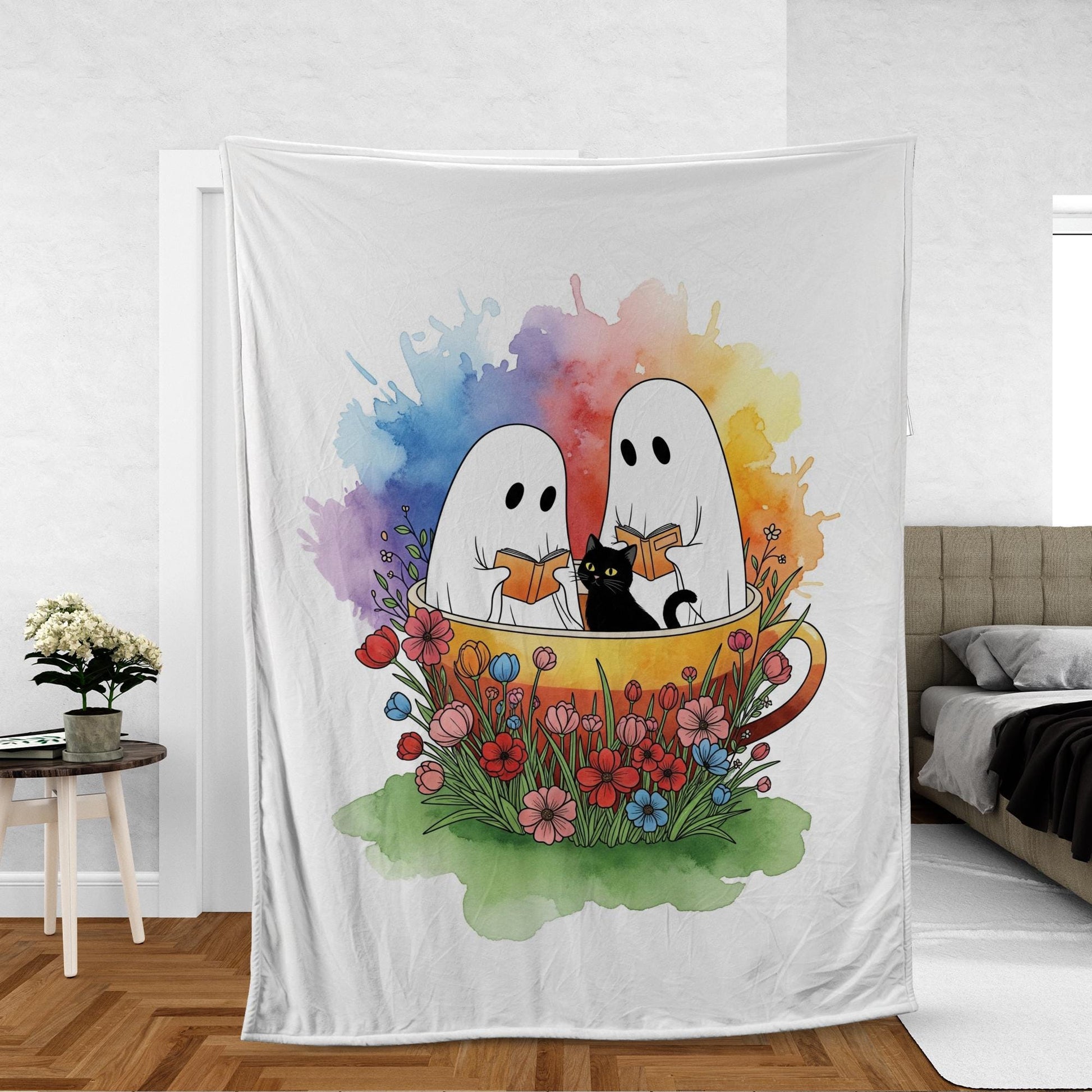 Cute Ghost Blanket with Black Cat & Flowers | Spooky Cozy Throw, Halloween Ghost Decor, Witchy Cat Lover Gift, Gothic Home Blanket