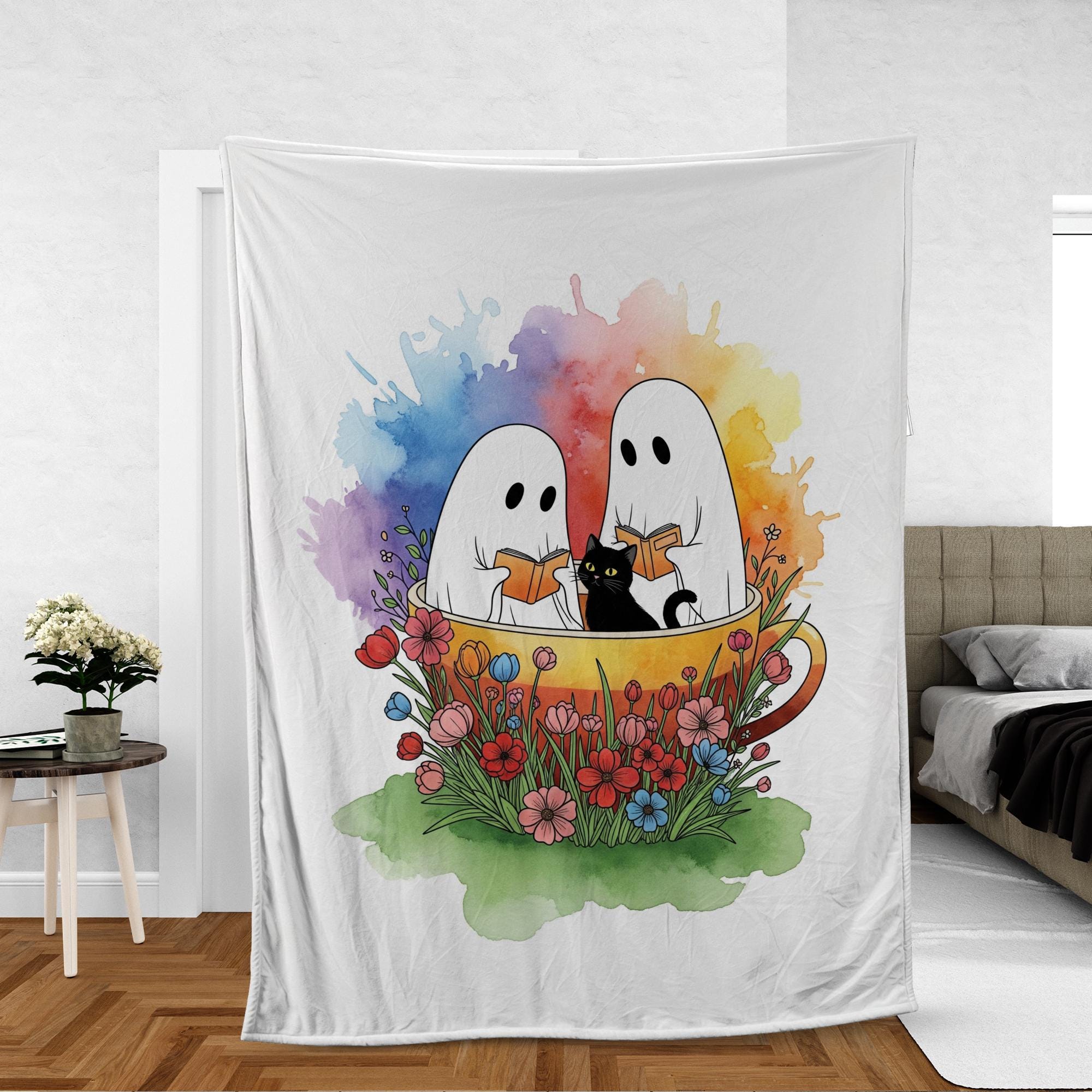 Cute Ghost Blanket with Black Cat & Flowers | Spooky Cozy Throw, Halloween Ghost Decor, Witchy Cat Lover Gift, Gothic Home Blanket