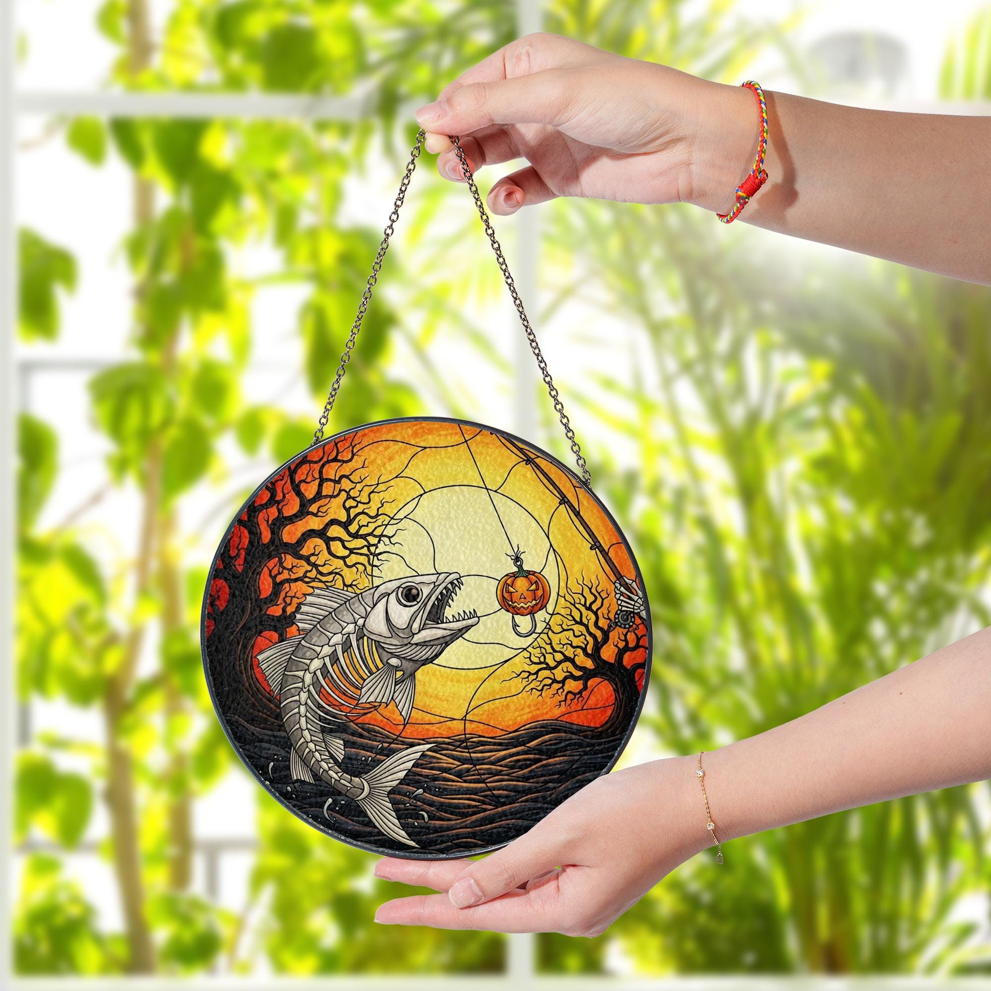 Halloween Fish Skeleton Glass Suncatcher - Pumpkin Lure Spooky Sunset Window Hanging Decor
