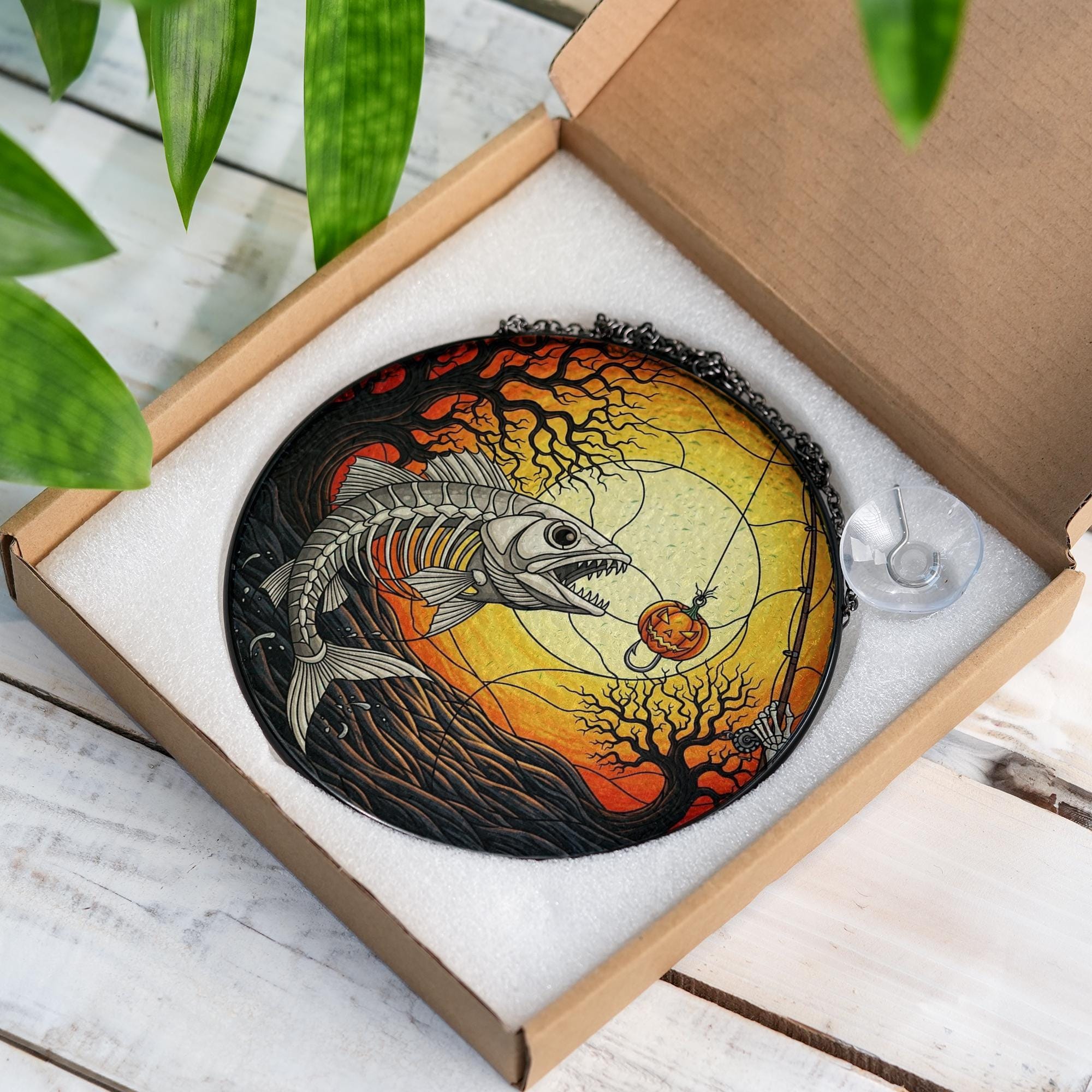 Halloween Fish Skeleton Glass Suncatcher - Pumpkin Lure Spooky Sunset Window Hanging Decor