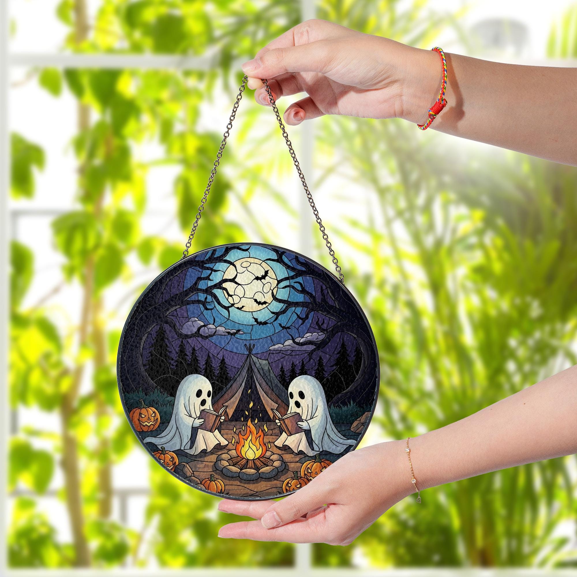 Halloween Ghost Glass Suncatcher - Spooky Campfire Reading Night Moon Pumpkins Window Hanging Decor