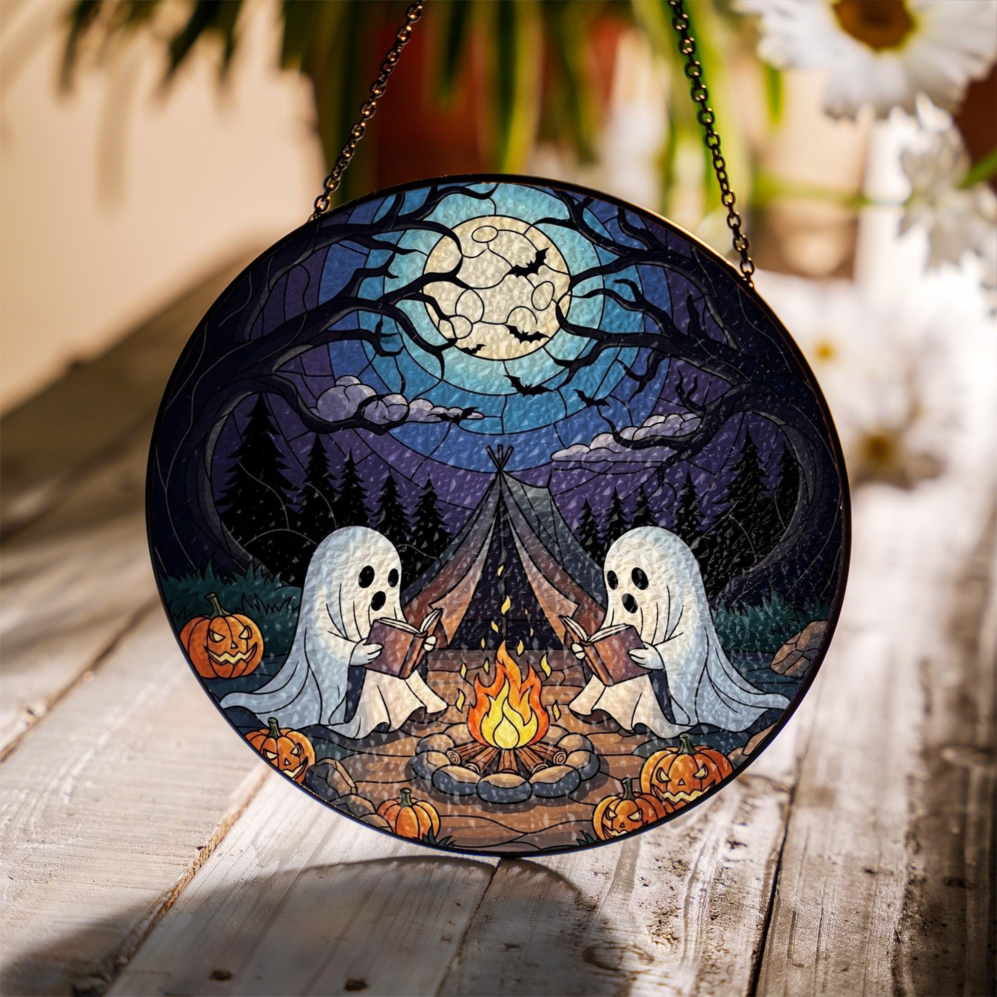 Halloween Ghost Glass Suncatcher - Spooky Campfire Reading Night Moon Pumpkins Window Hanging Decor