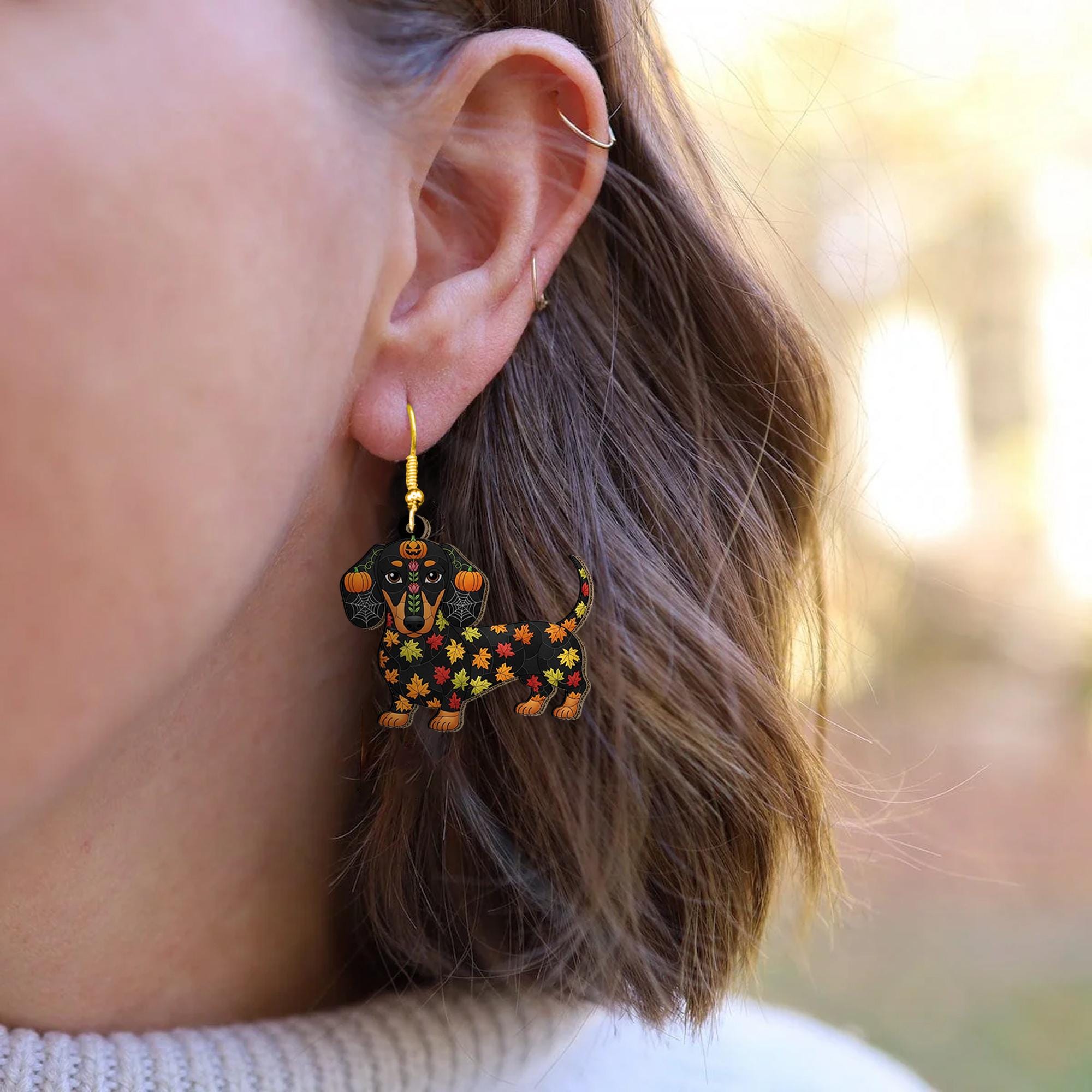 Halloween Dachshund Earrings: Fall Leaf Doxie Jewelry