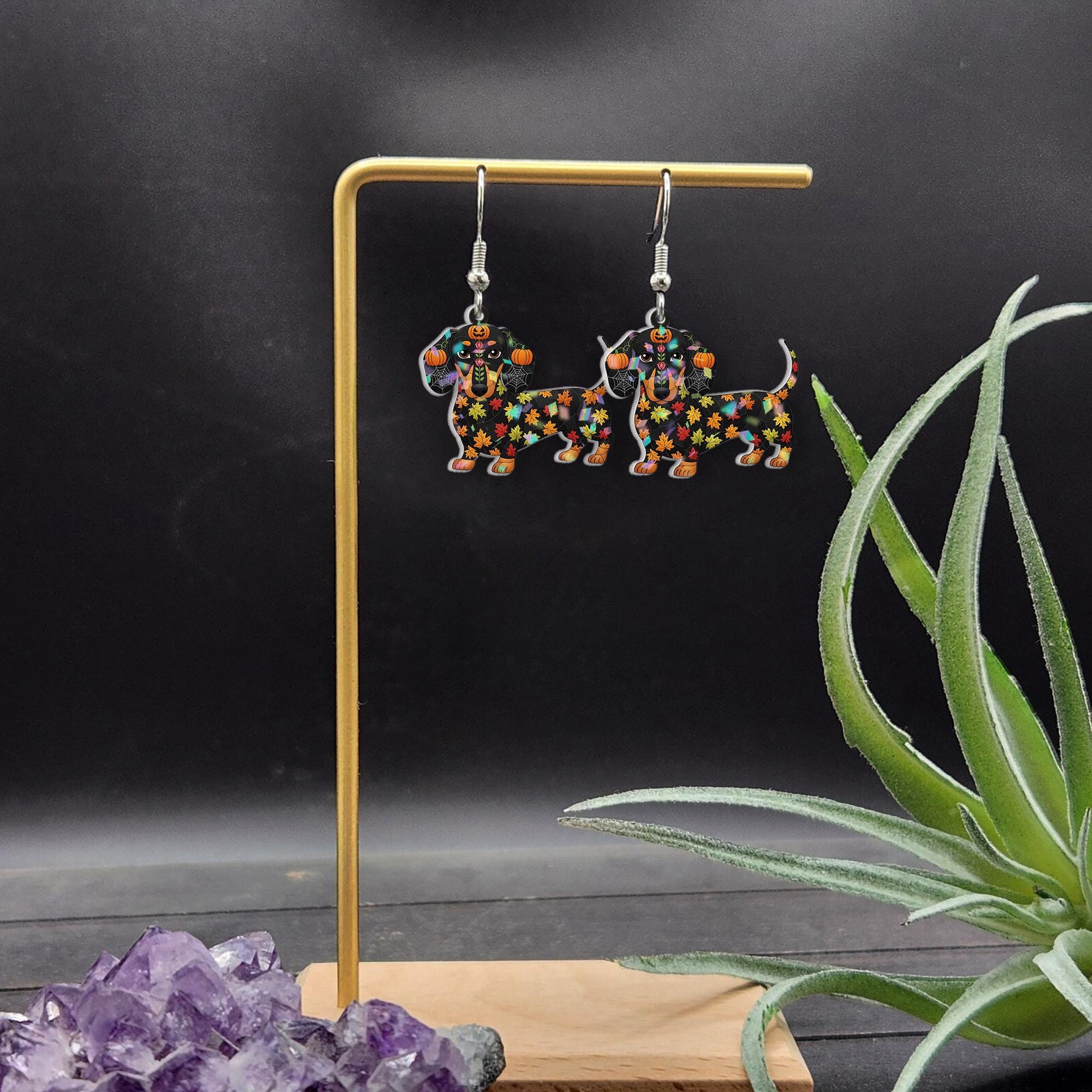 Halloween Dachshund Earrings: Fall Leaf Doxie Jewelry