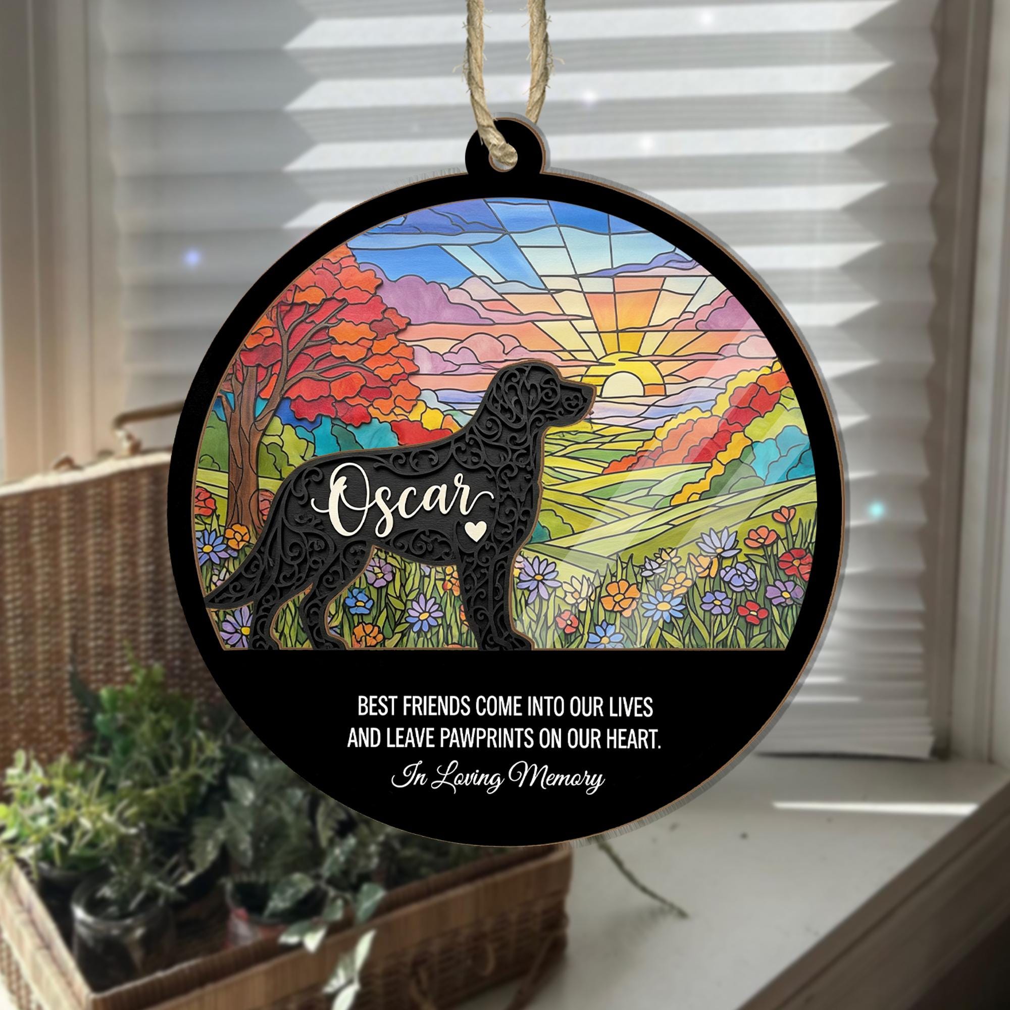 Custom Pet Memorial Ornament: Dog Silhouette Faux Suncatcher Keepsake
