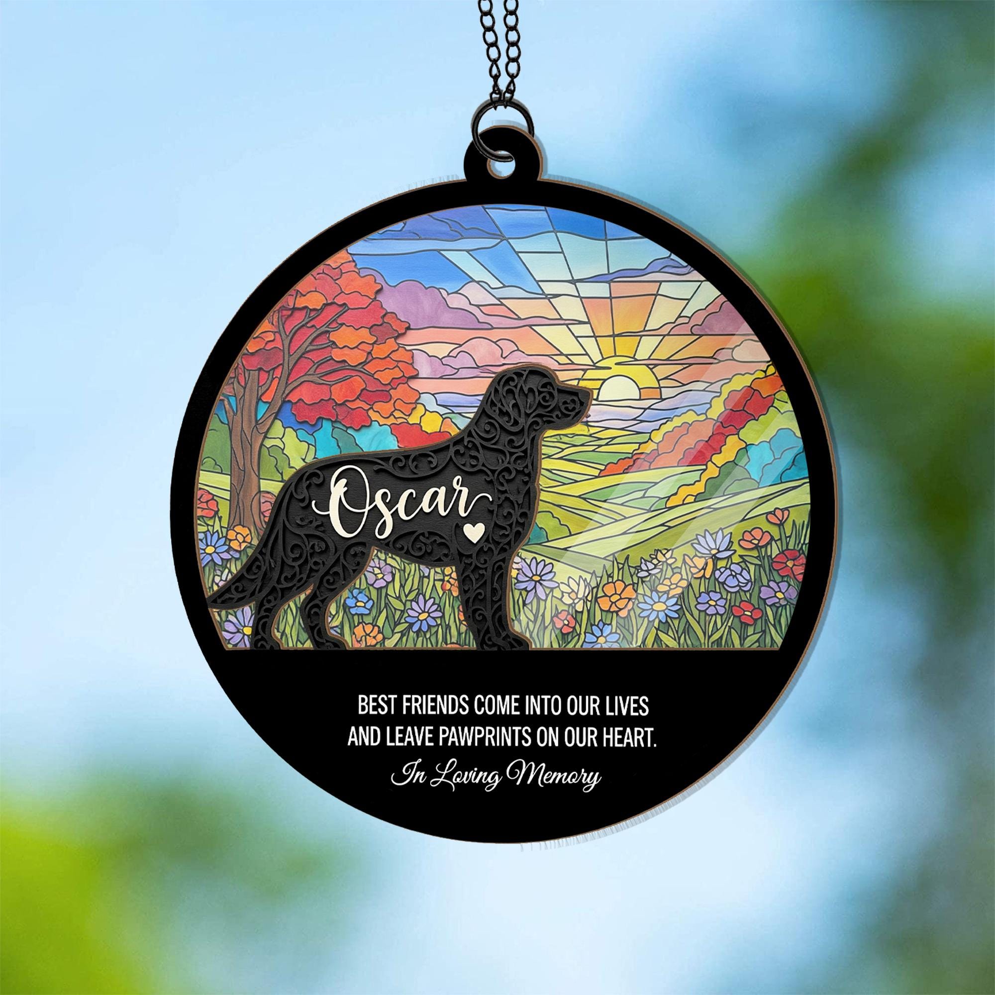 Custom Pet Memorial Ornament: Dog Silhouette Faux Suncatcher Keepsake