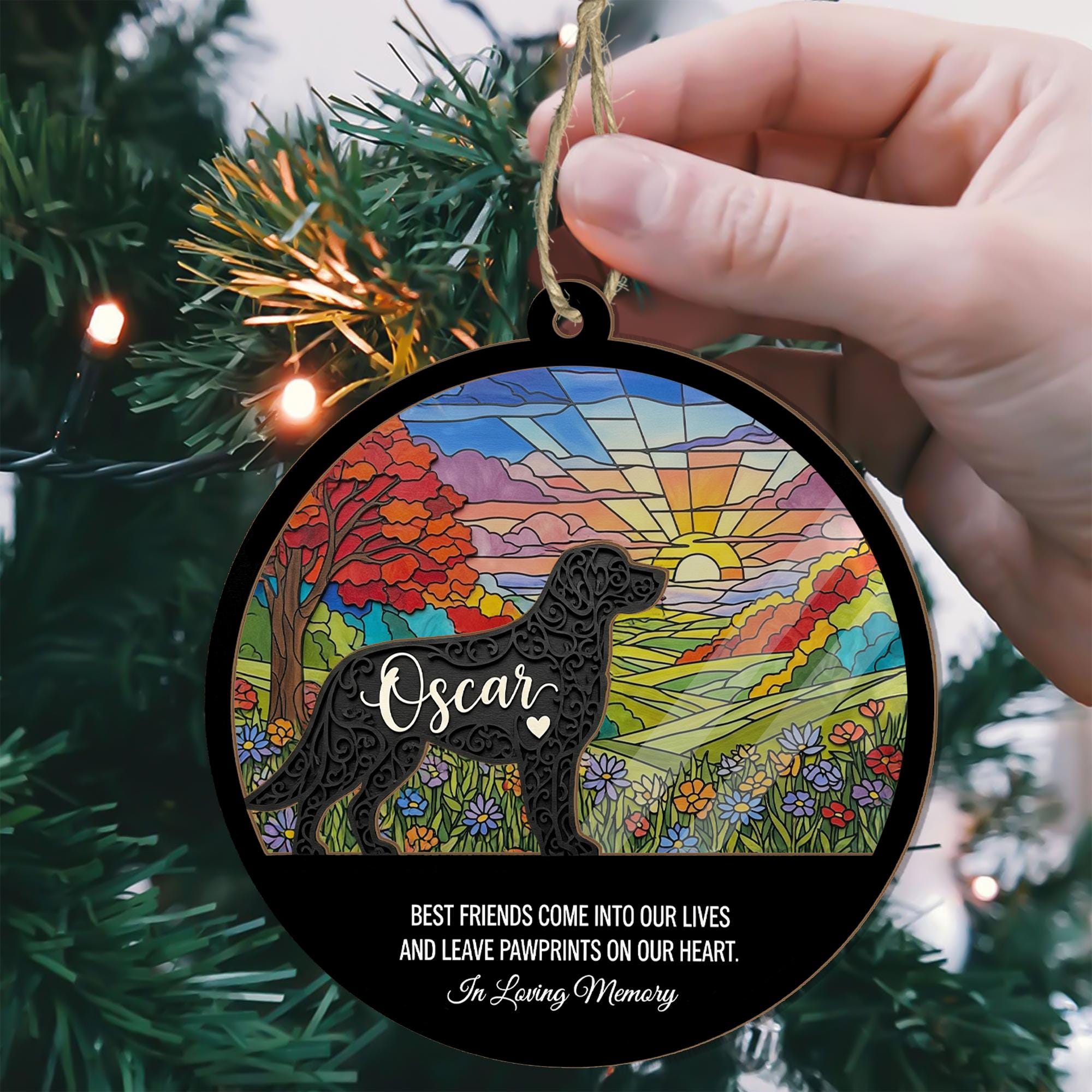 Custom Pet Memorial Ornament: Dog Silhouette Faux Suncatcher Keepsake