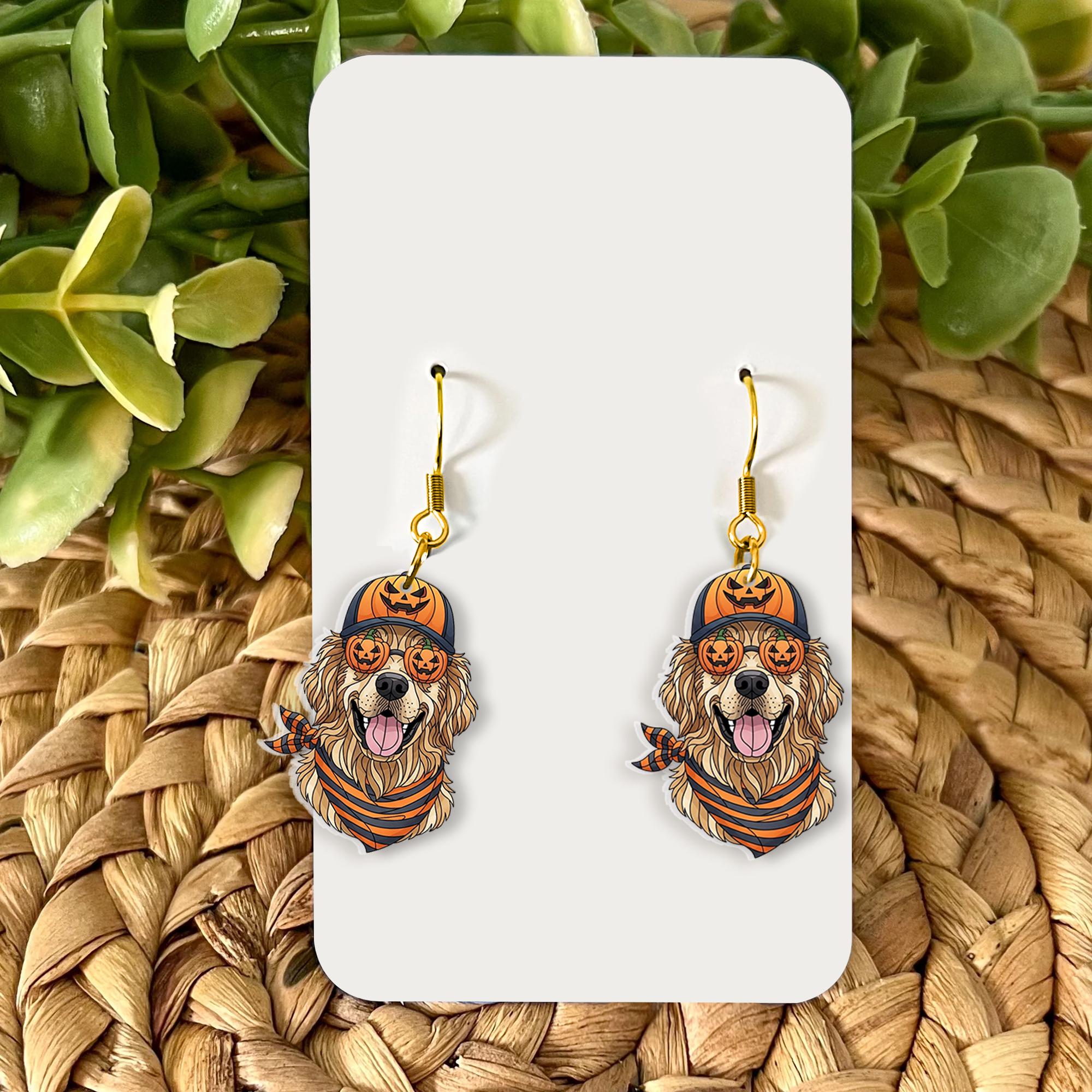 Golden Retriever Halloween Earrings: Dog Mom Gift, Acrylic & Wood