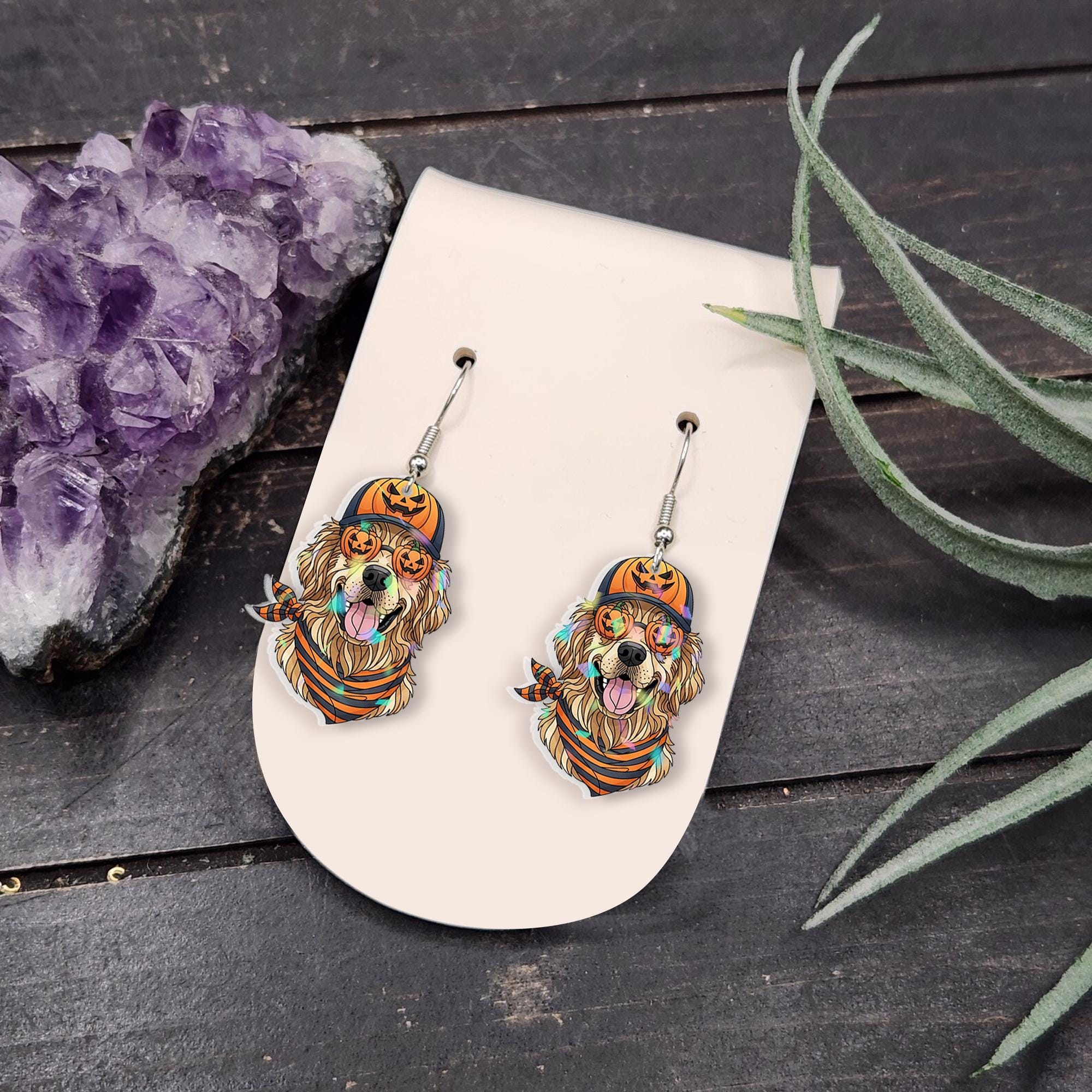 Golden Retriever Halloween Earrings: Dog Mom Gift, Acrylic & Wood