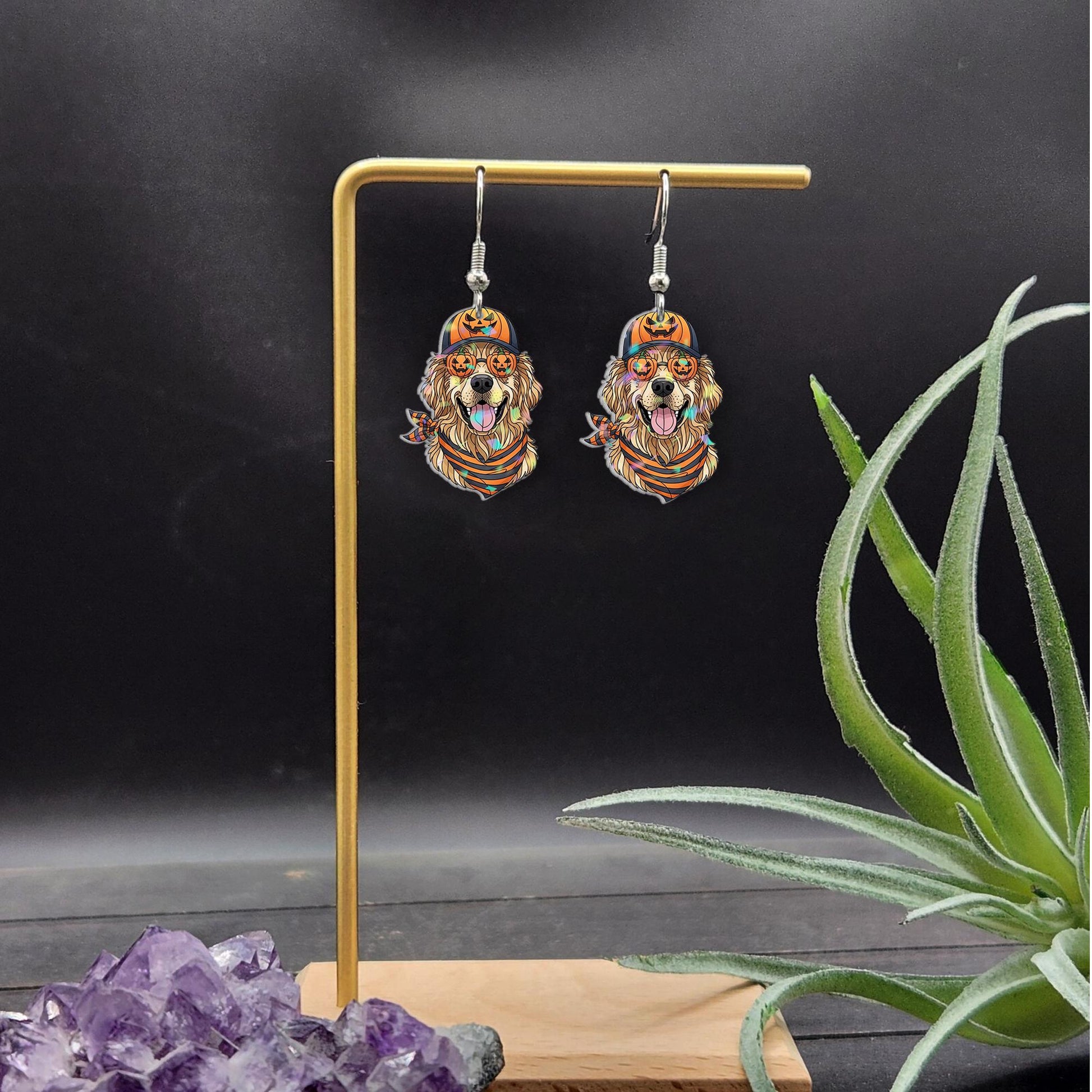Golden Retriever Halloween Earrings: Dog Mom Gift, Acrylic & Wood