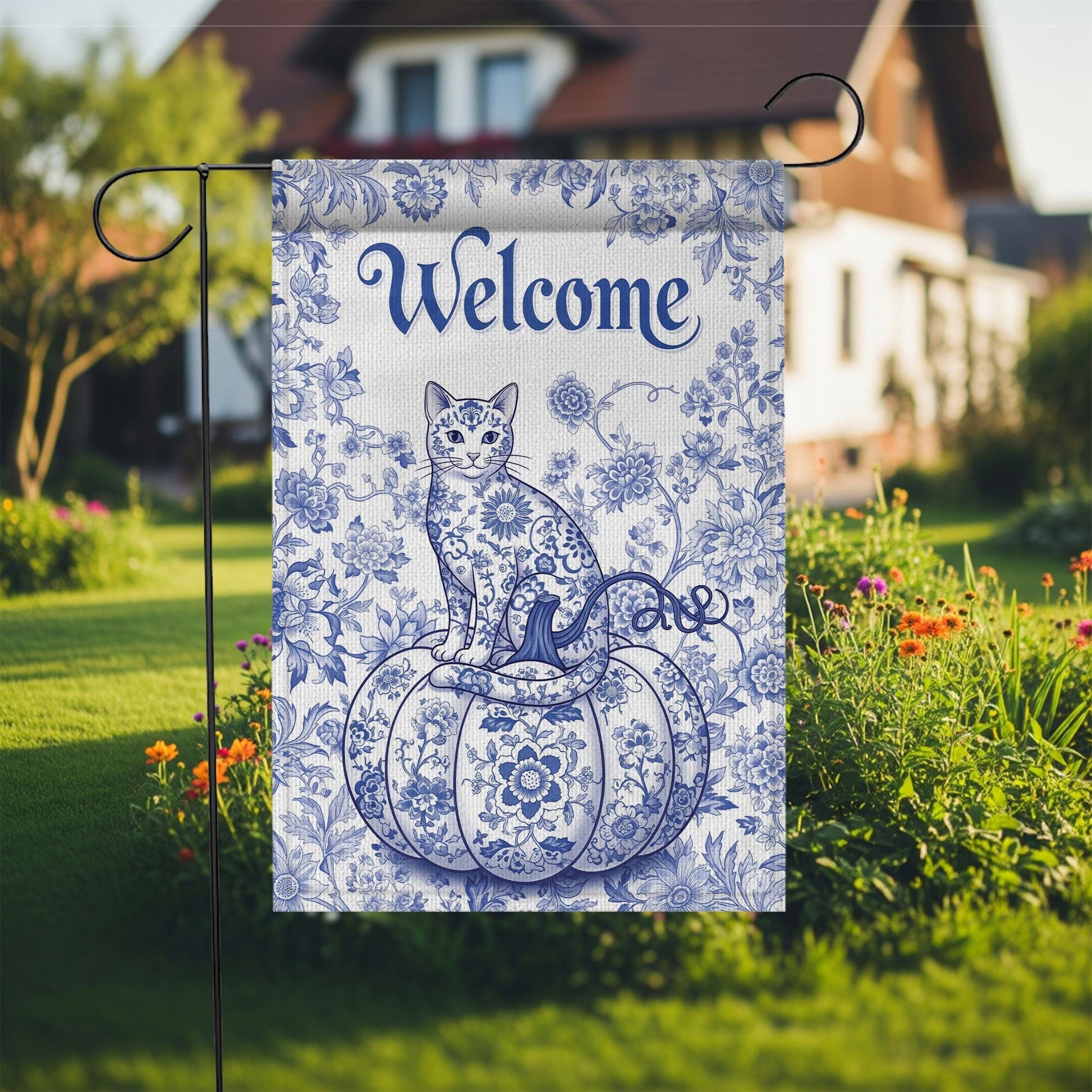 Chinoiserie Cat Pumpkin Garden Flag: Blue Toile Halloween Decor