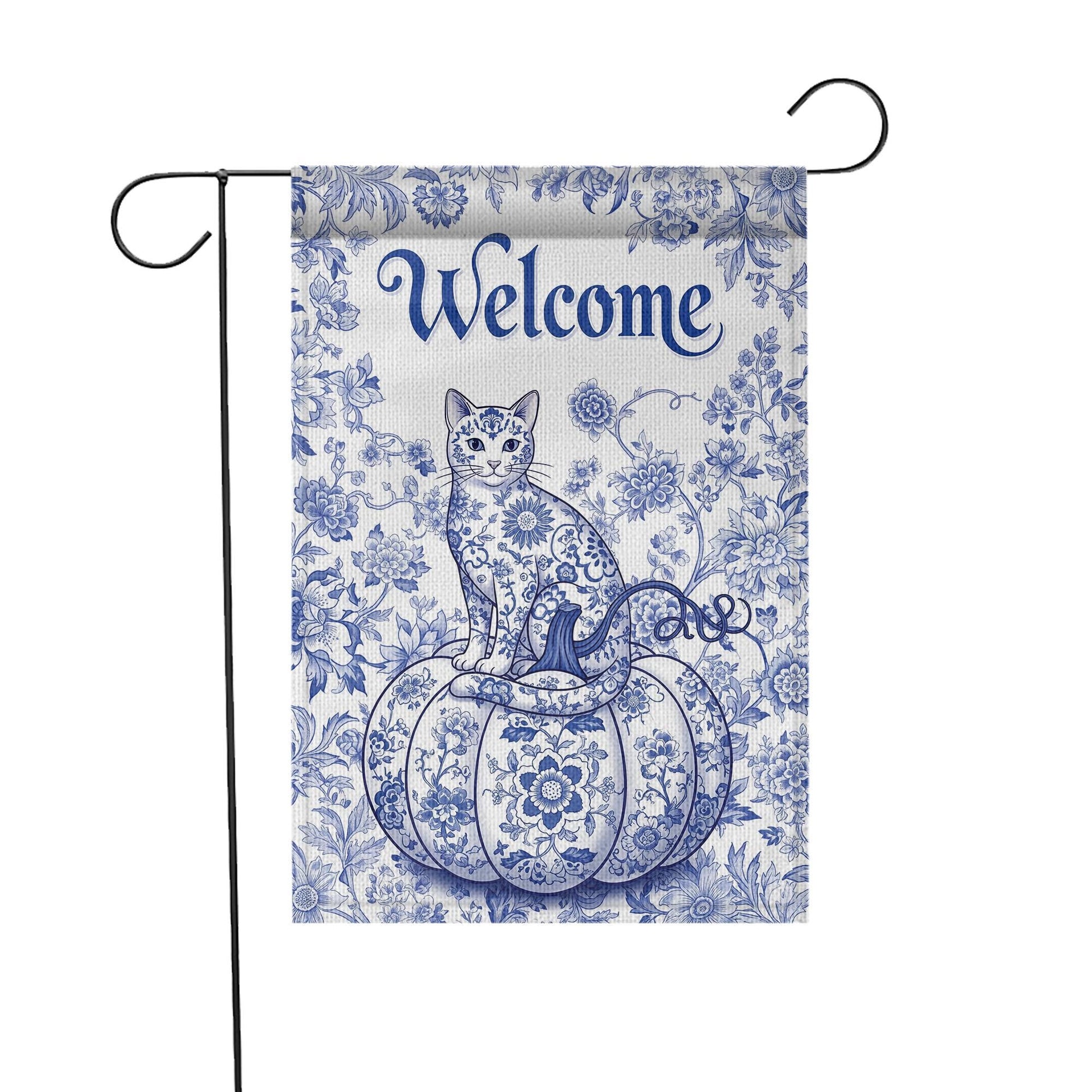 Chinoiserie Cat Pumpkin Garden Flag: Blue Toile Halloween Decor