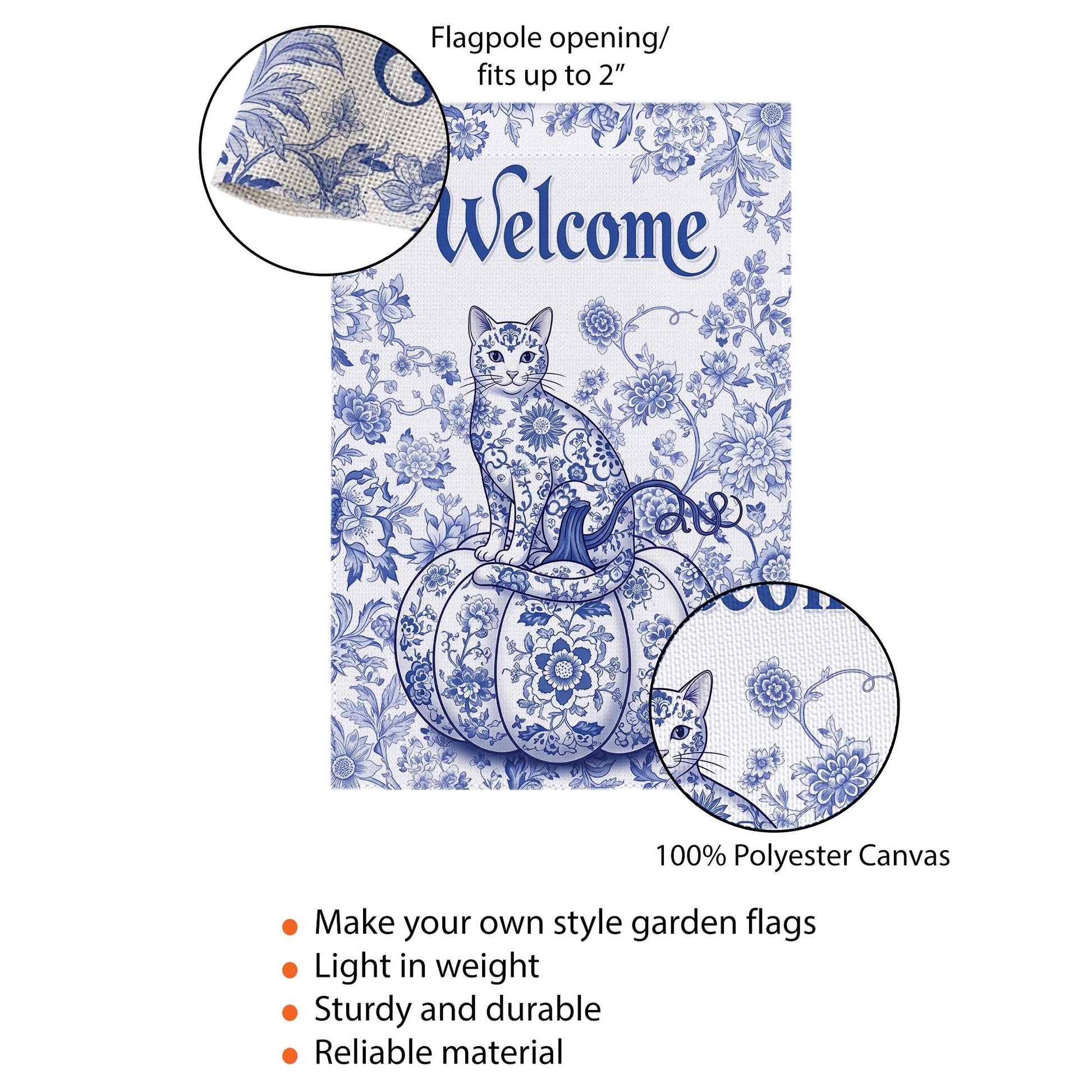 Chinoiserie Cat Pumpkin Garden Flag: Blue Toile Halloween Decor