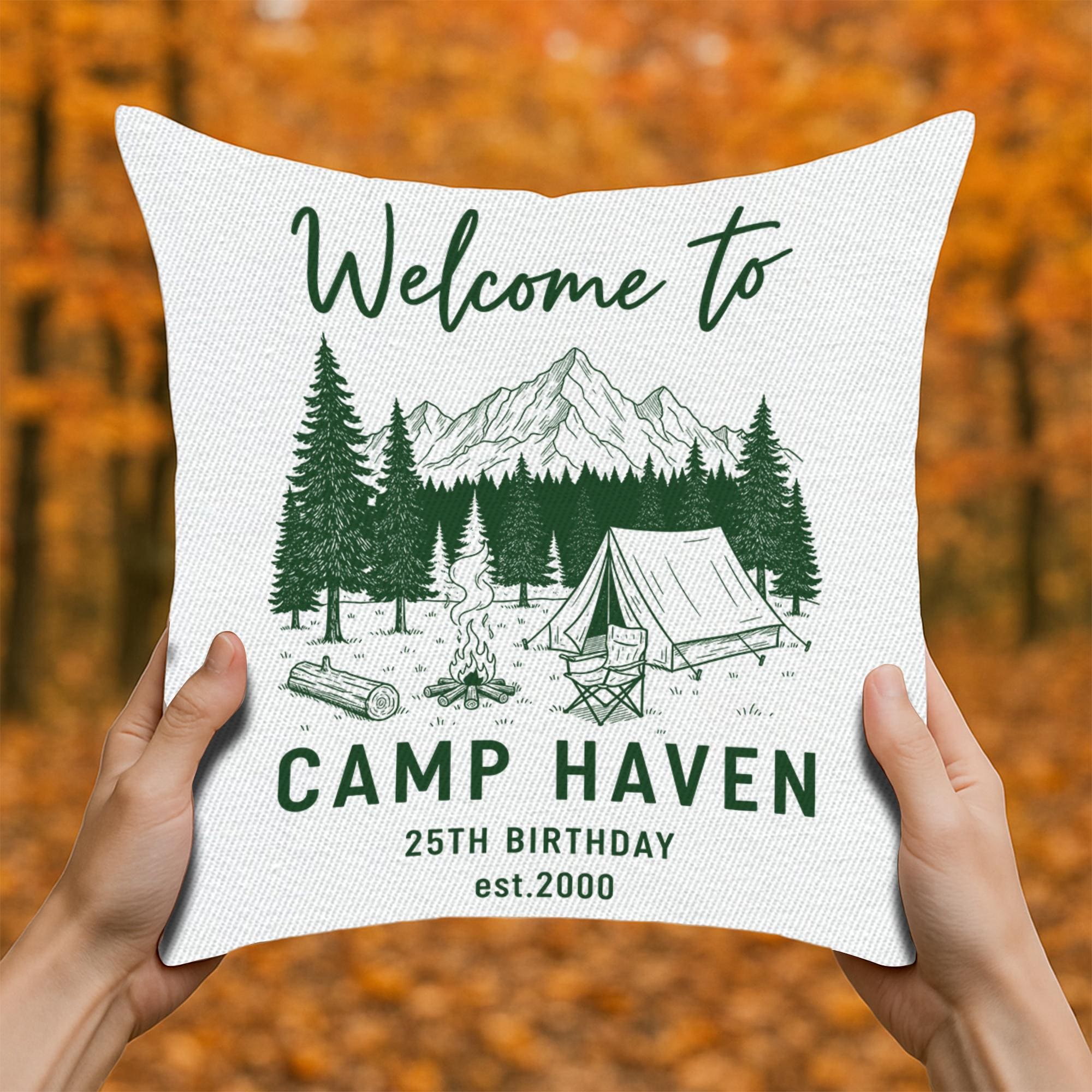 Personalized Camping Pillow: Custom Camp Name & Date, Outdoor Decor
