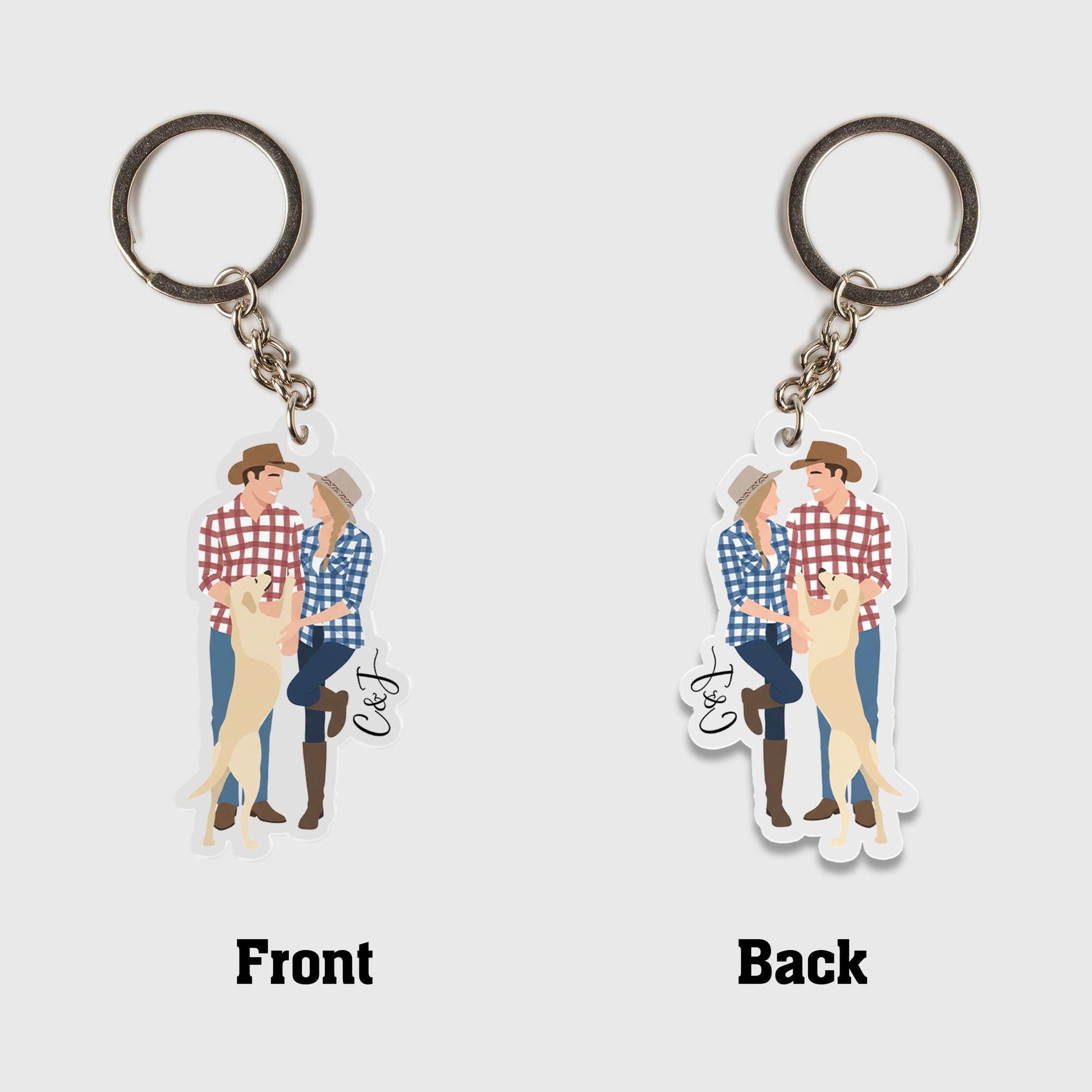 Custom Couple & Pet Keychain: Personalized Acrylic Illustration