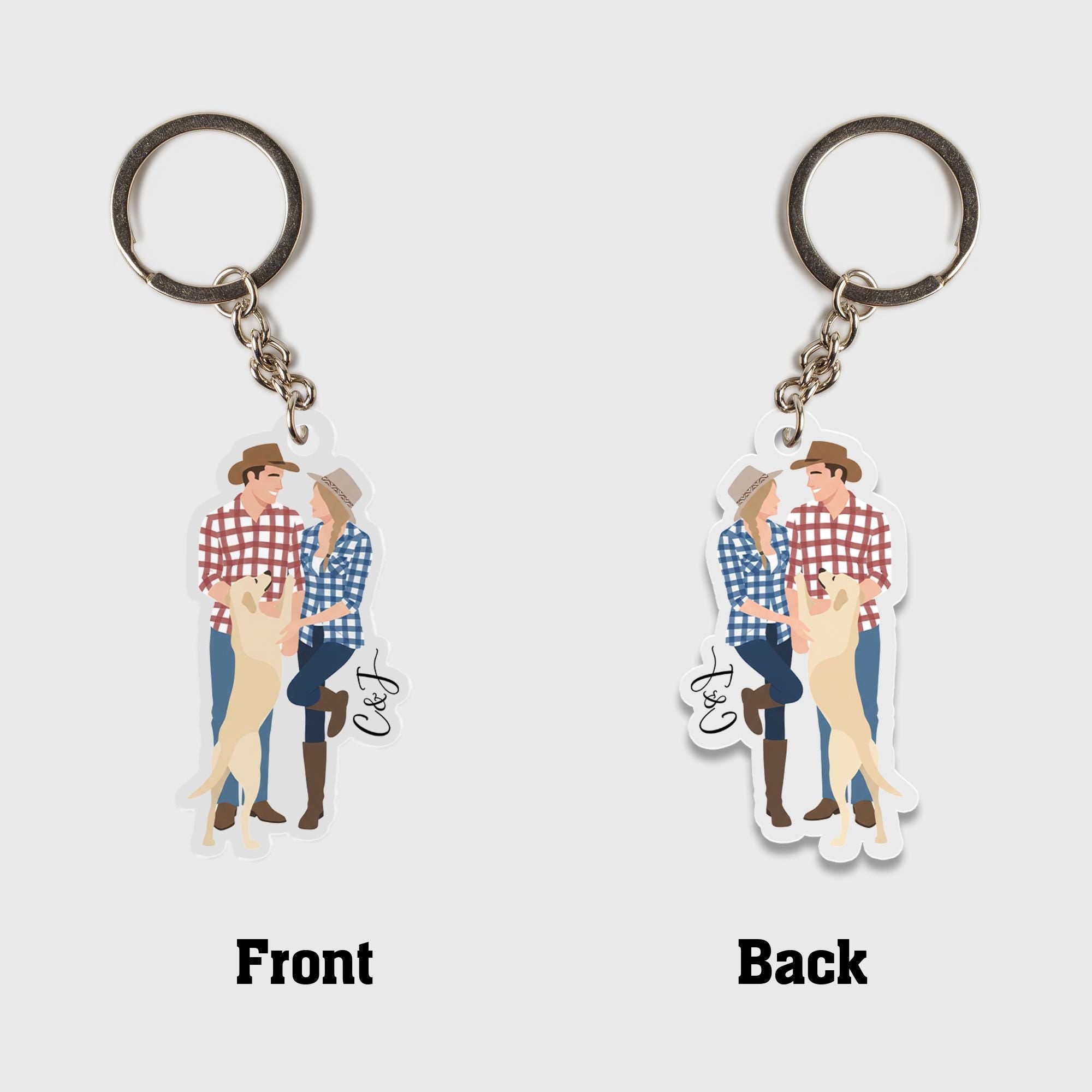 Custom Couple & Pet Keychain: Personalized Acrylic Illustration