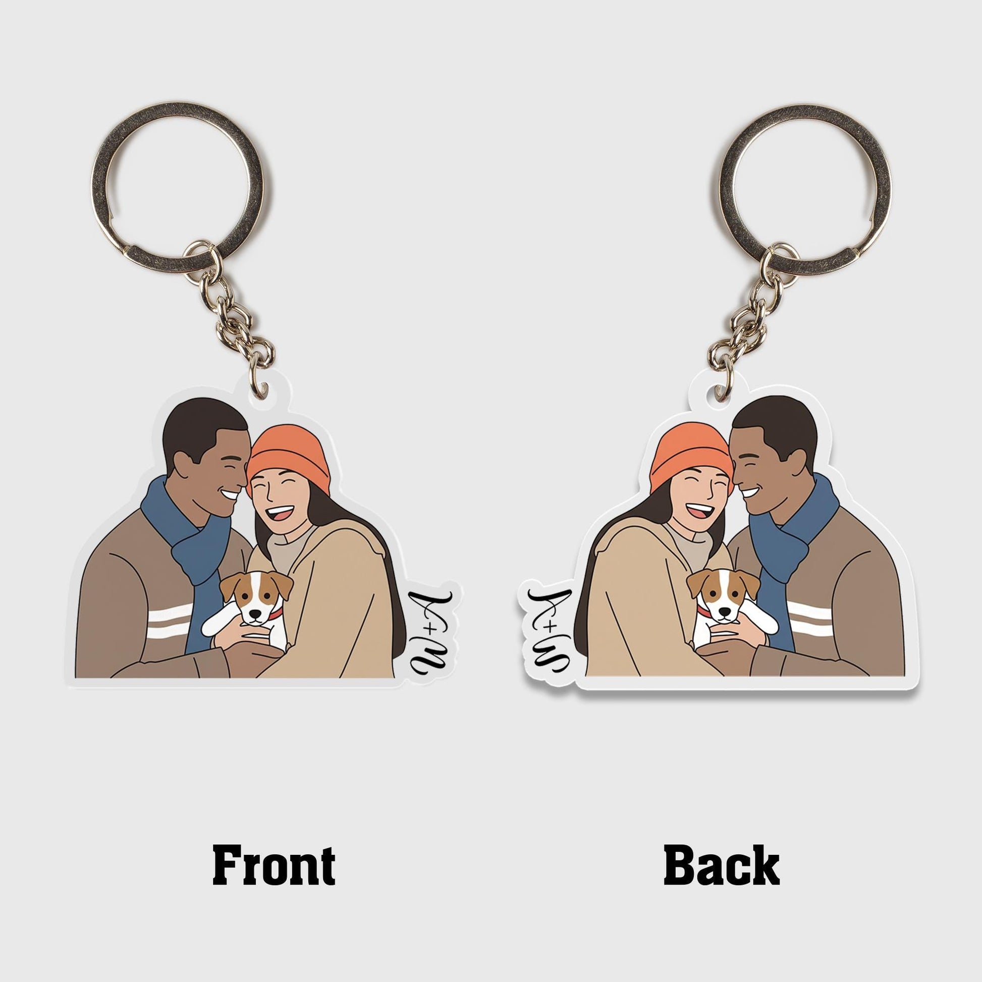 Custom Couple & Pet Keychain: Personalized Acrylic Illustration