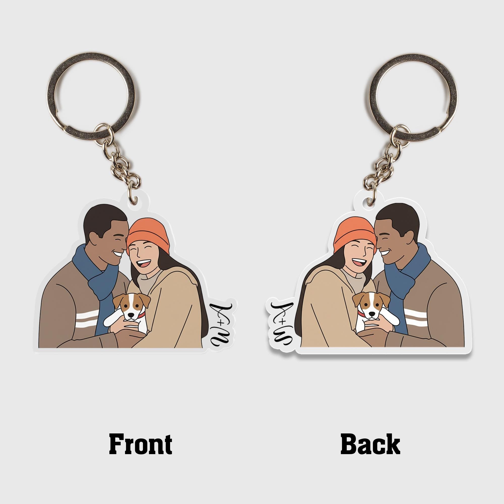 Custom Couple & Pet Keychain: Personalized Acrylic Illustration