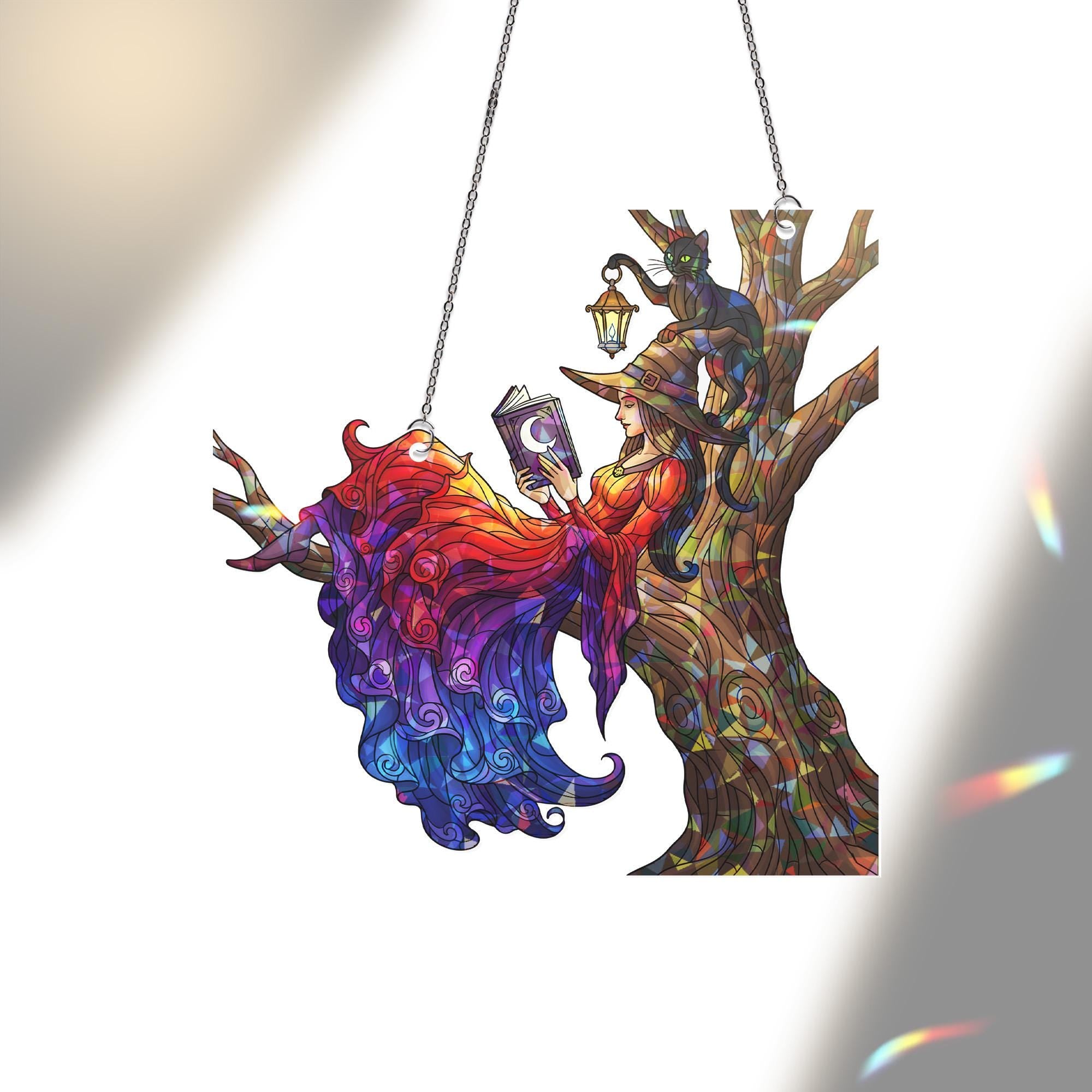 Holographic Witch Suncatcher: Stained Glass Effect, Gothic Halloween Decor