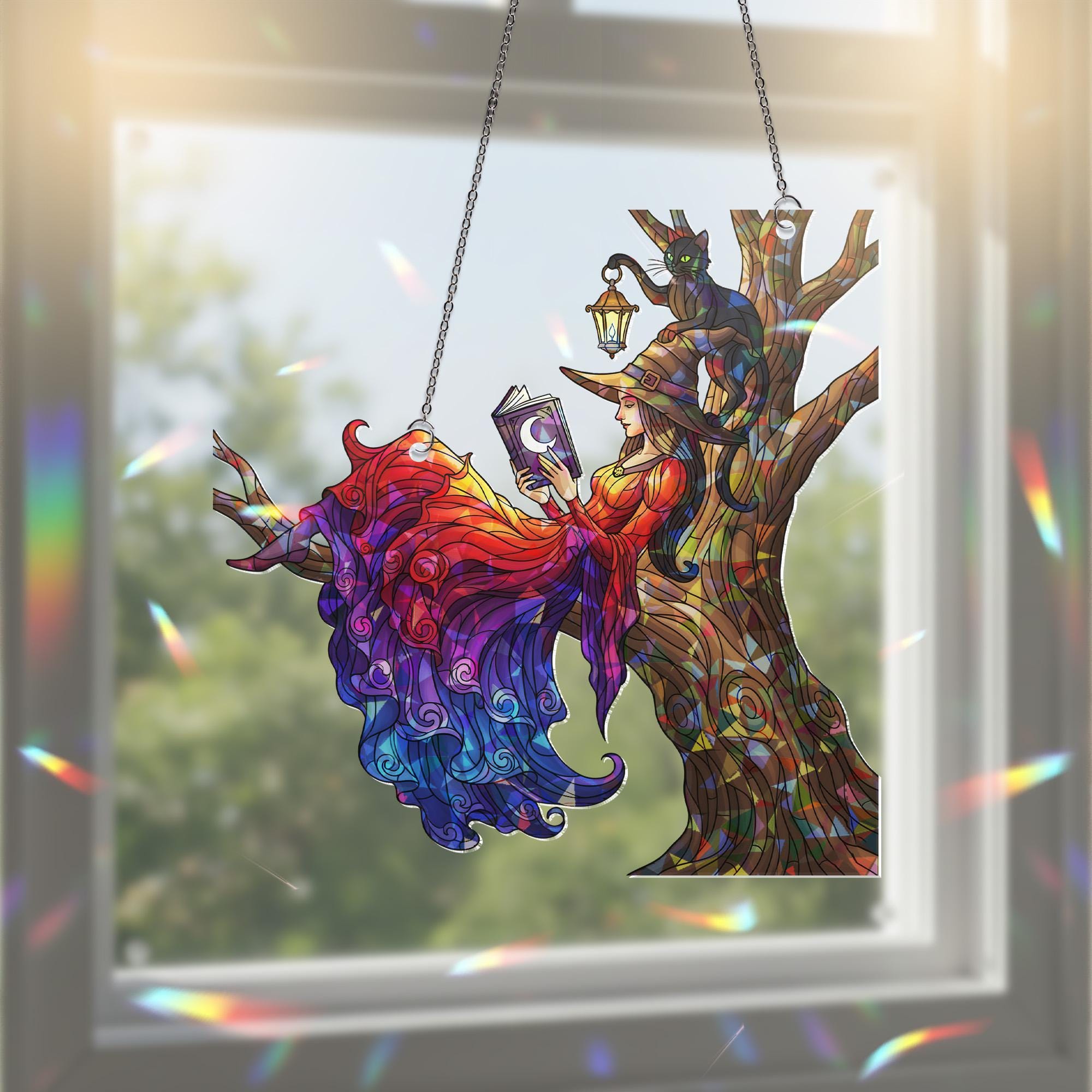 Holographic Witch Suncatcher: Stained Glass Effect, Gothic Halloween Decor