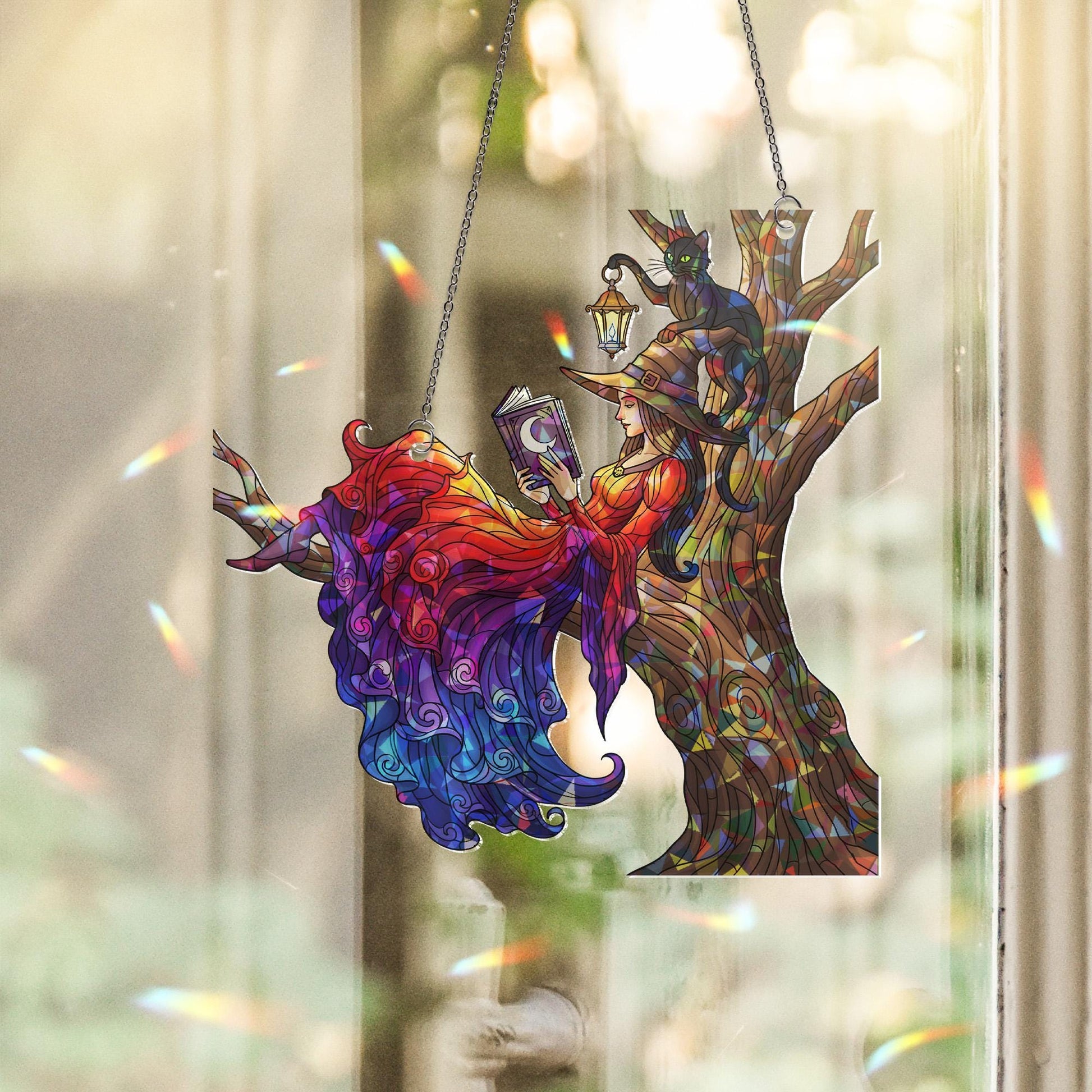 Holographic Witch Suncatcher: Stained Glass Effect, Gothic Halloween Decor