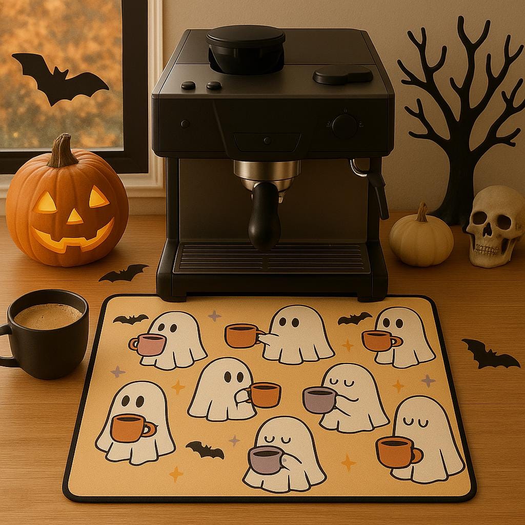 Kawaii Ghost Coffee Bar Mat: Halloween Coffee Station Decor
