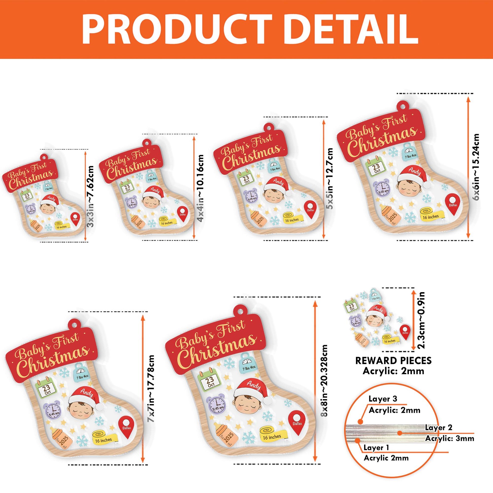 Baby’s First Christmas Ornament – Personalized Stocking Shaker Keepsake with Birth Stats Custom Name