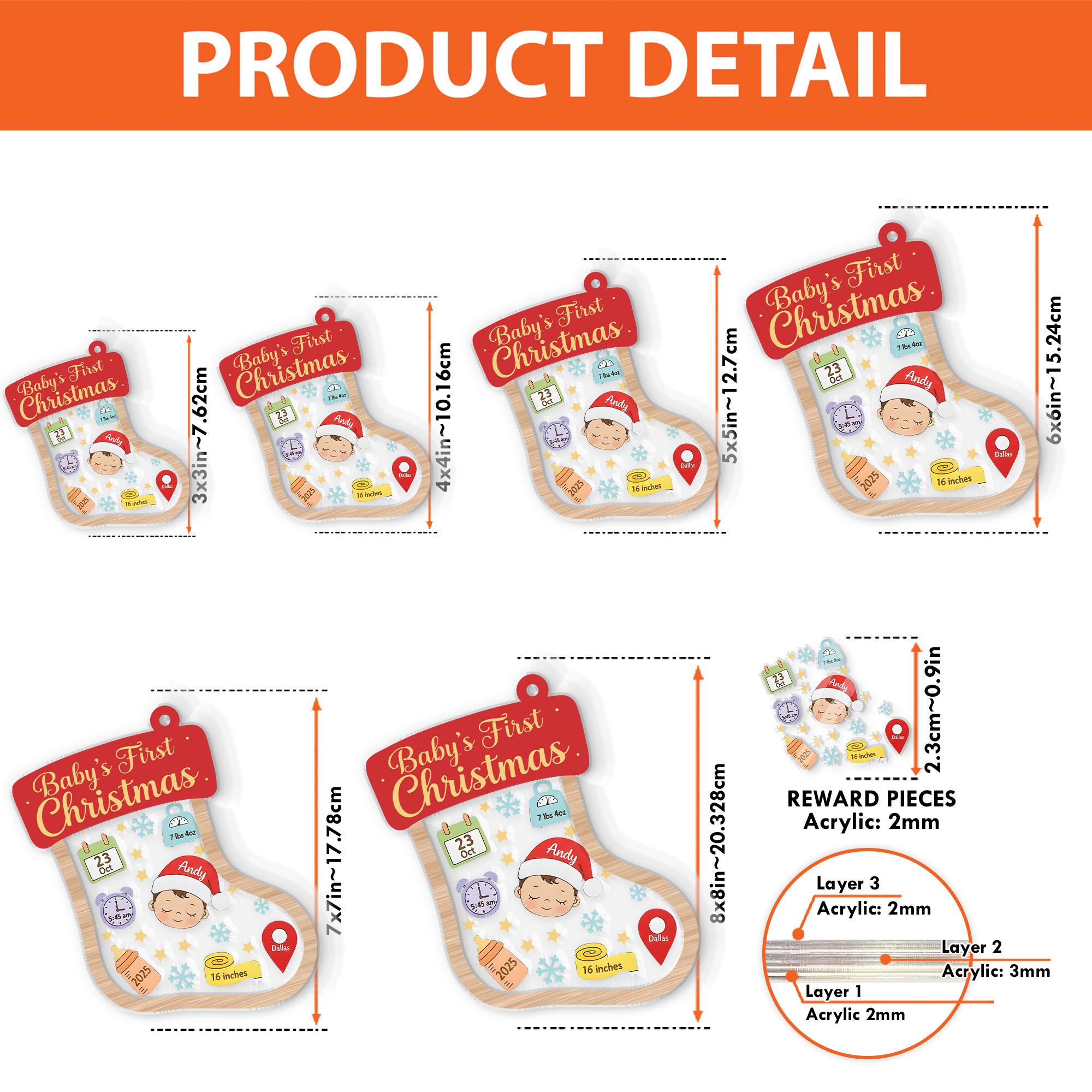 Baby’s First Christmas Ornament – Personalized Stocking Shaker Keepsake with Birth Stats Custom Name