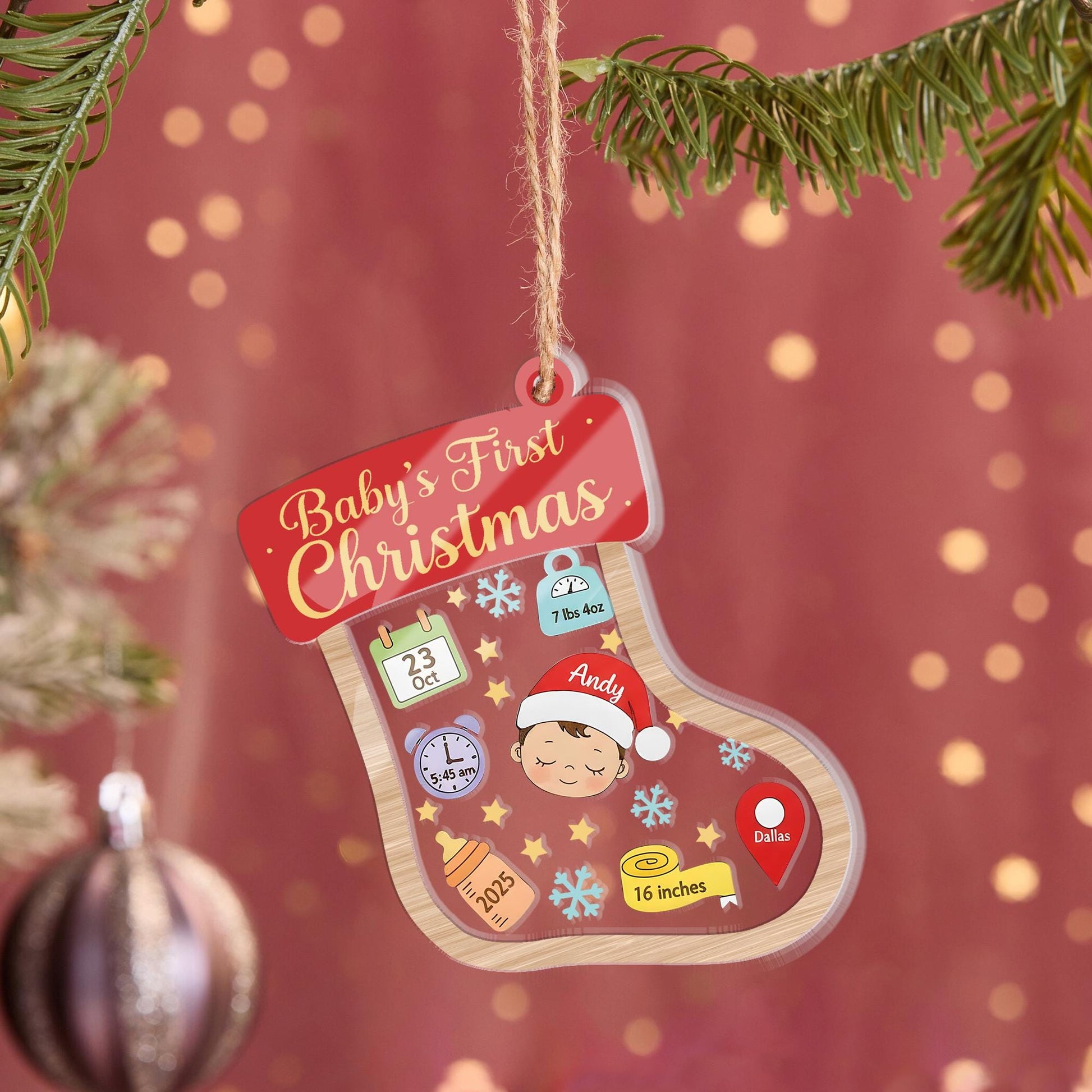 Baby’s First Christmas Ornament – Personalized Stocking Shaker Keepsake with Birth Stats Custom Name