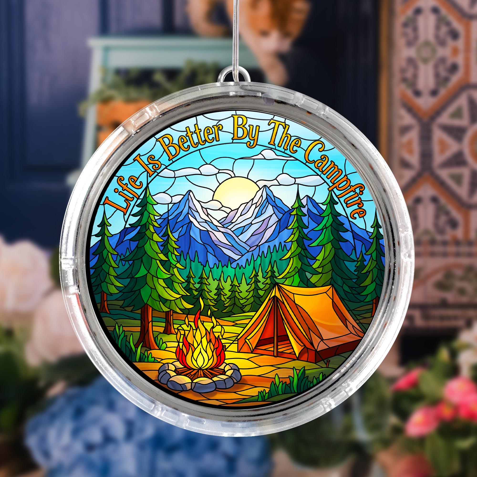 Campfire Scene LED Light: Mountain Window Art, RV Decor