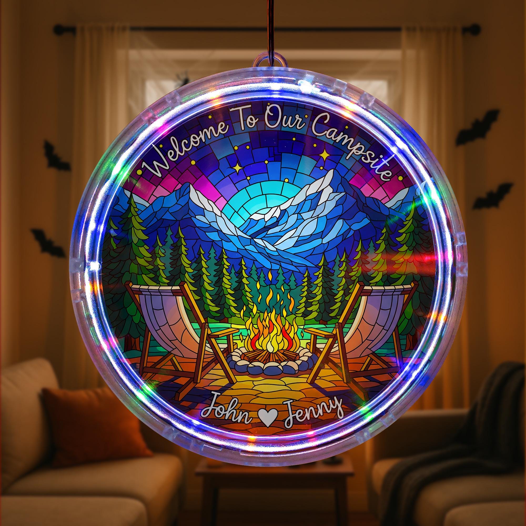 Personalized Camping LED Light: Campfire Scene, Custom Names