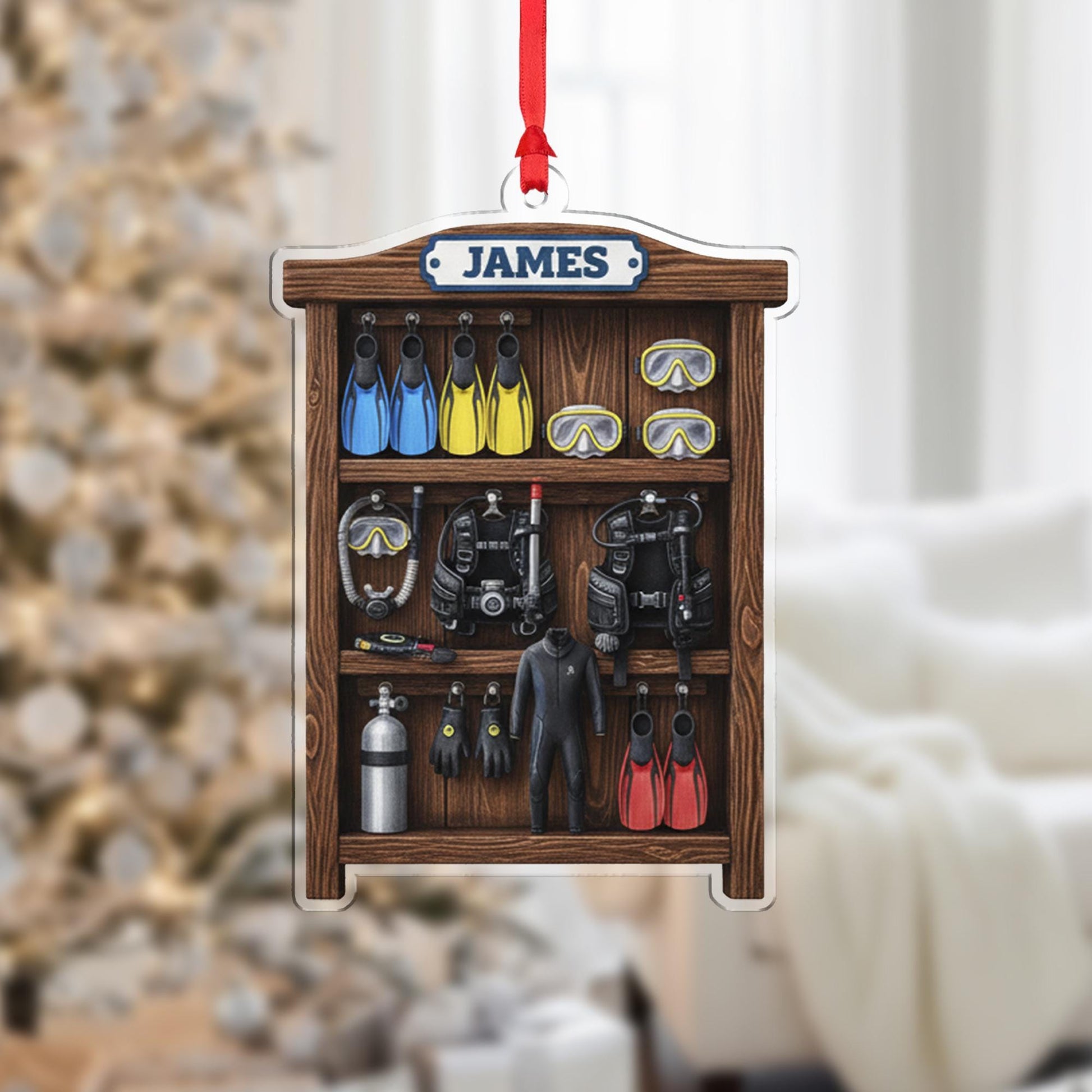 Scuba Diving Ornament in Wood Shelf with Custom Name