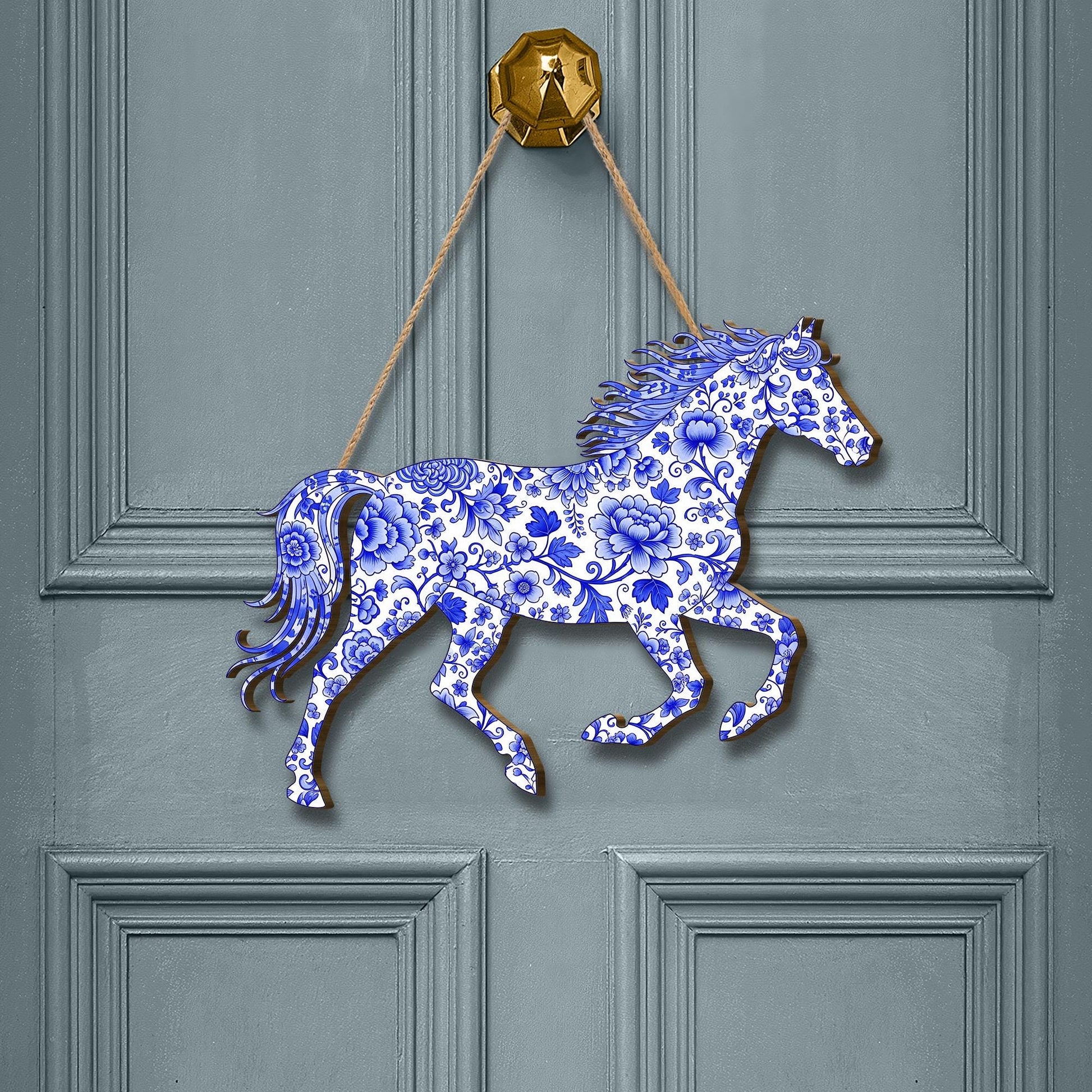 Chinoiserie Horse Wood Sign: Blue Floral Equestrian Wall Art