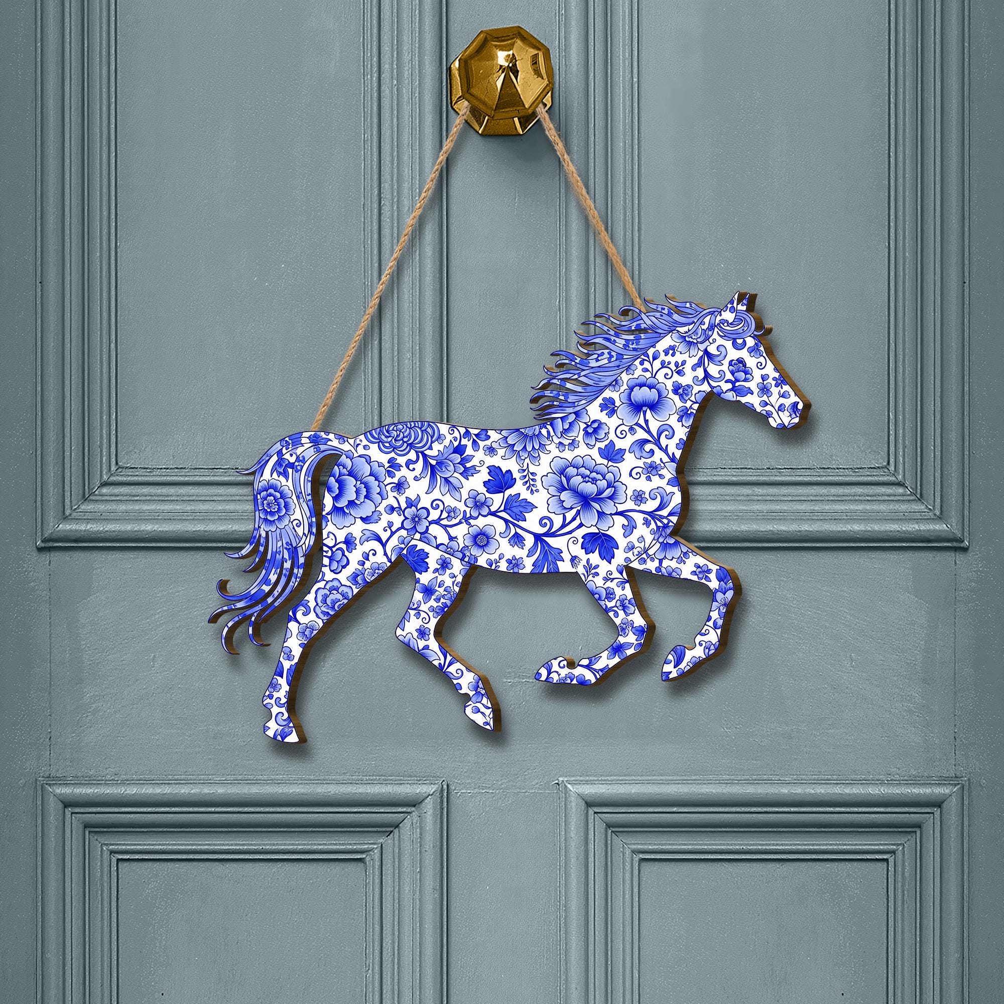 Chinoiserie Horse Wood Sign: Blue Floral Equestrian Wall Art