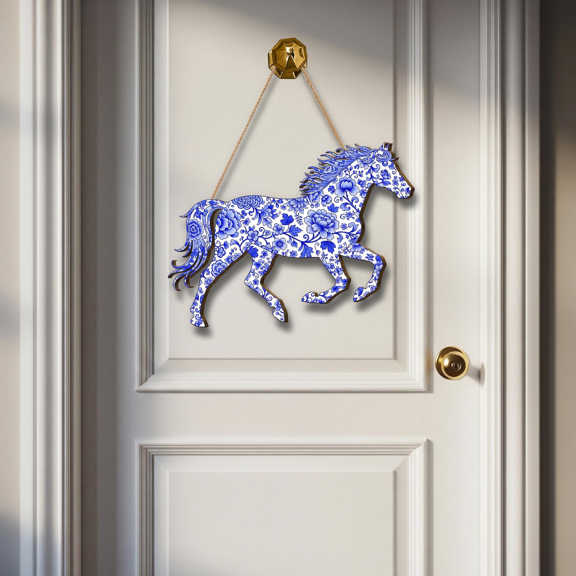 Chinoiserie Horse Wood Sign: Blue Floral Equestrian Wall Art