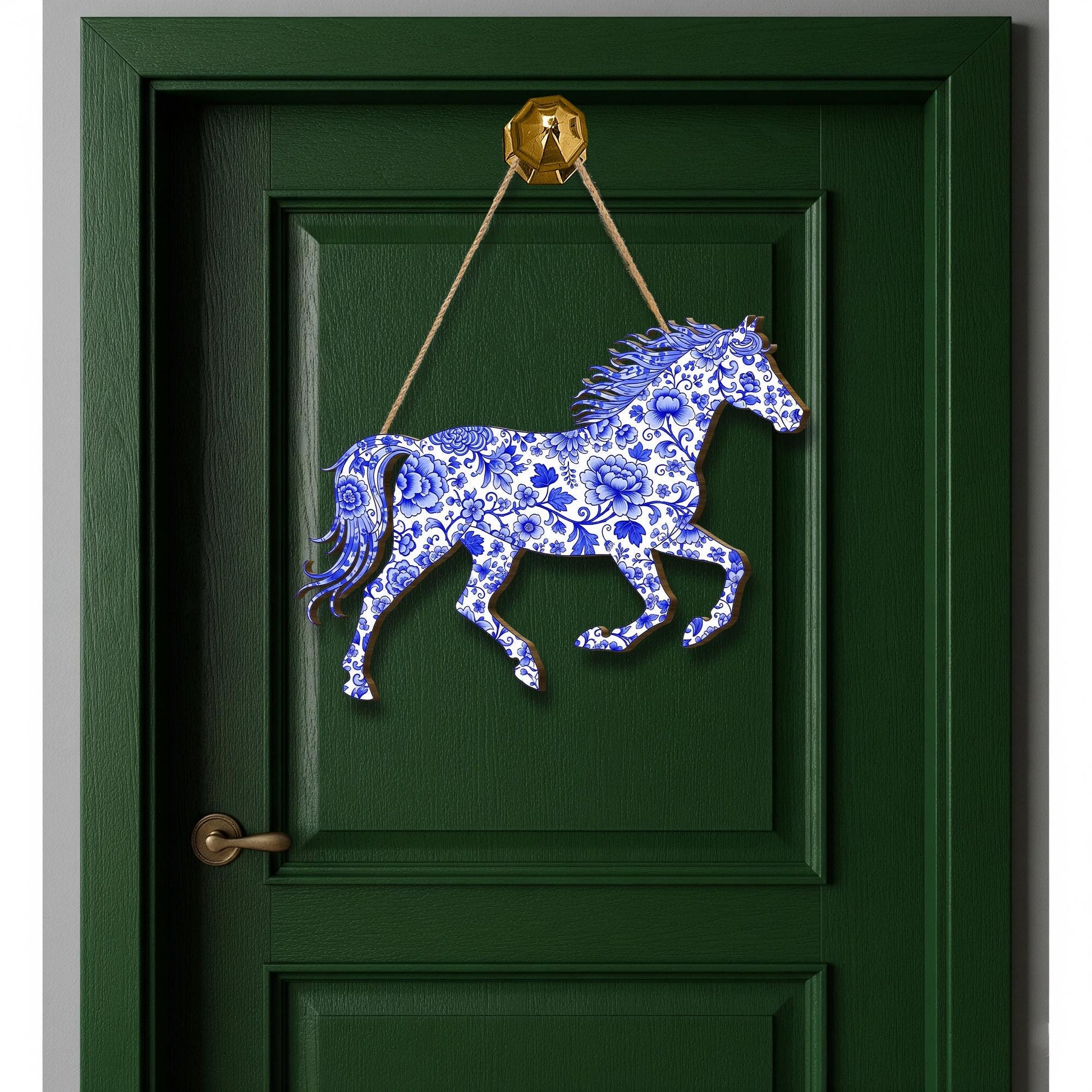 Chinoiserie Horse Wood Sign: Blue Floral Equestrian Wall Art