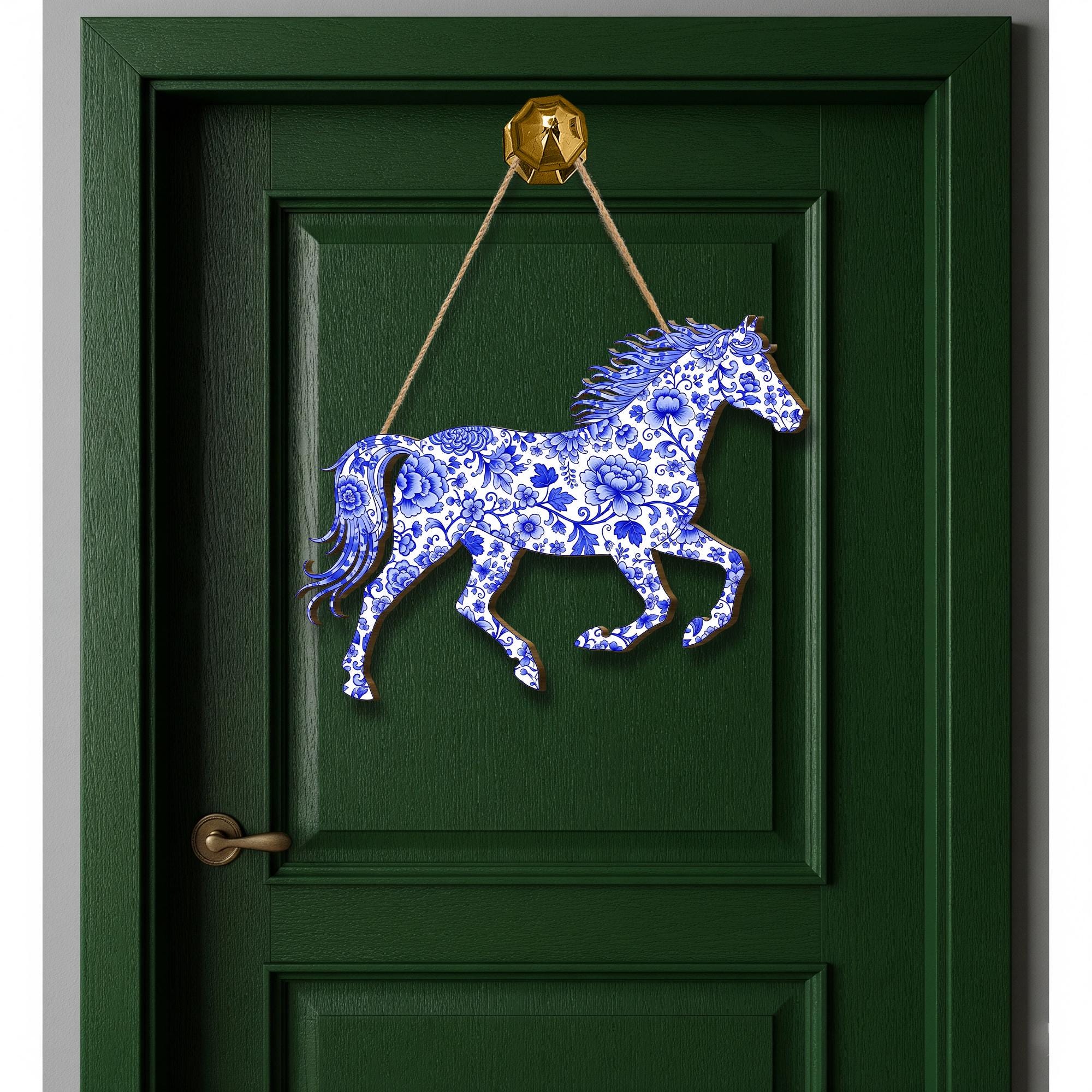 Chinoiserie Horse Wood Sign: Blue Floral Equestrian Wall Art