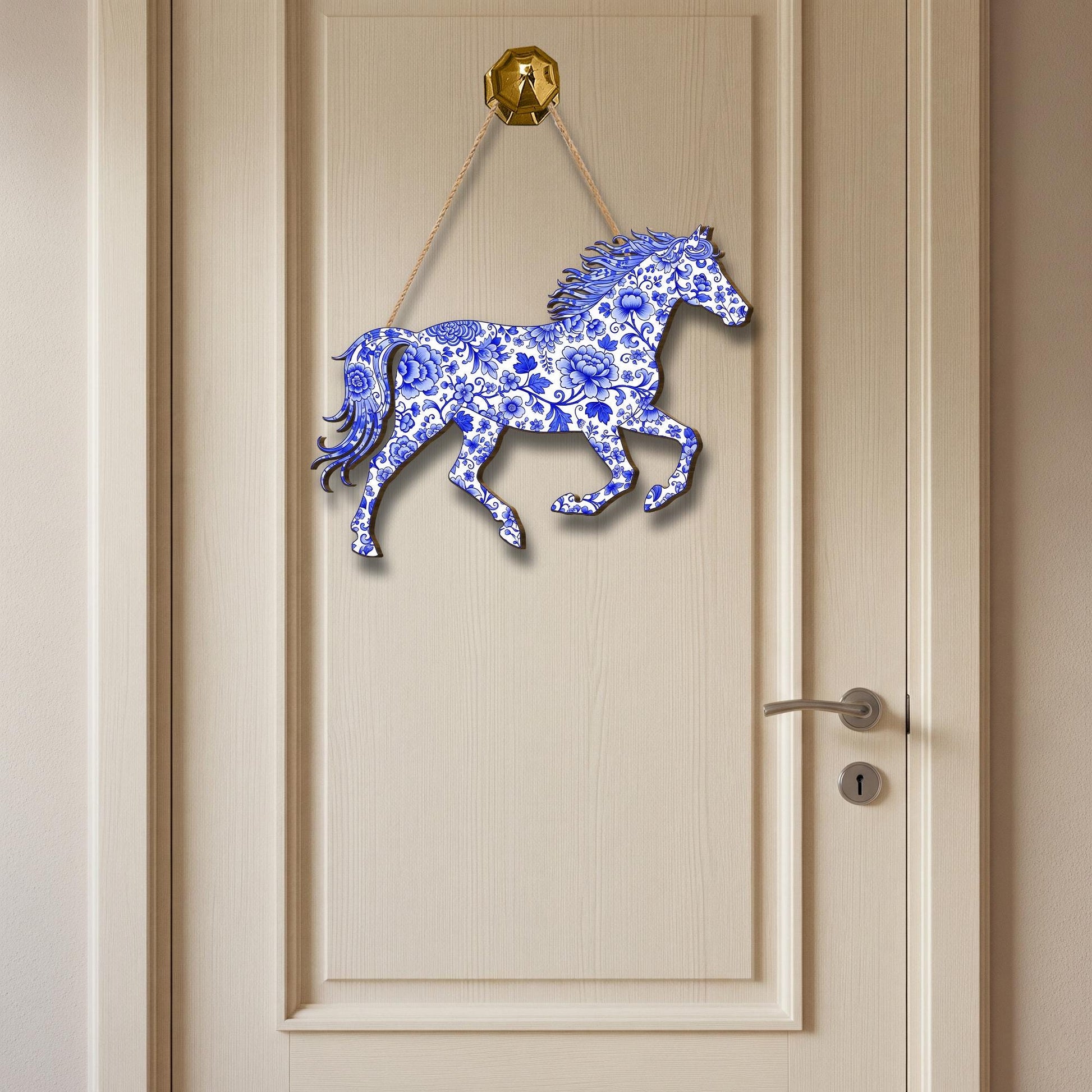 Chinoiserie Horse Wood Sign: Blue Floral Equestrian Wall Art