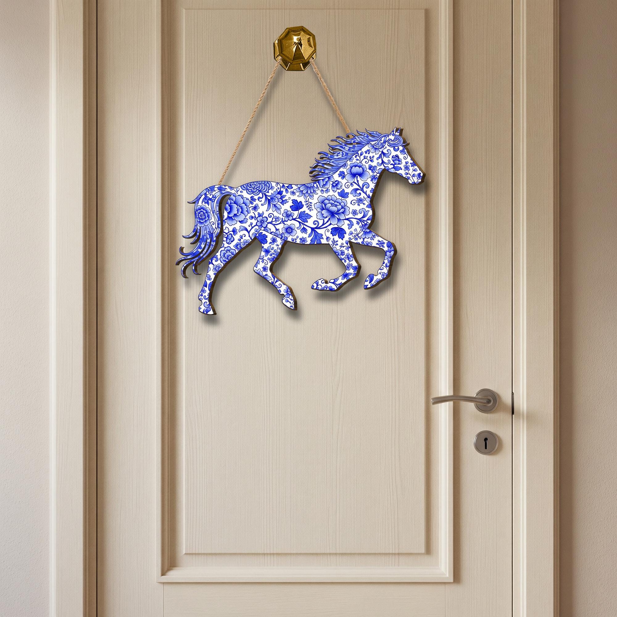 Chinoiserie Horse Wood Sign: Blue Floral Equestrian Wall Art