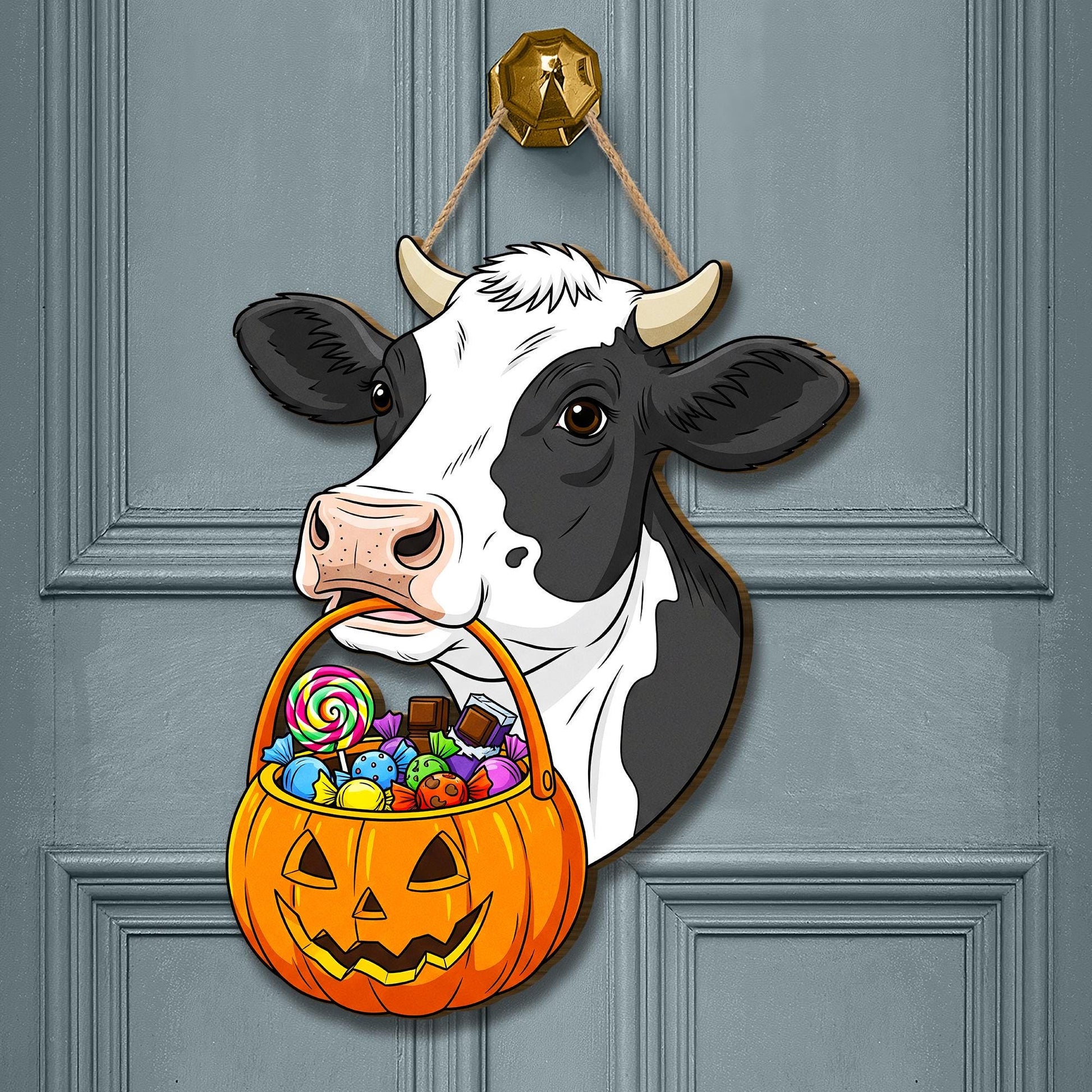 Funny Cow Halloween Door Hanger: Farmhouse Pumpkin Candy Basket