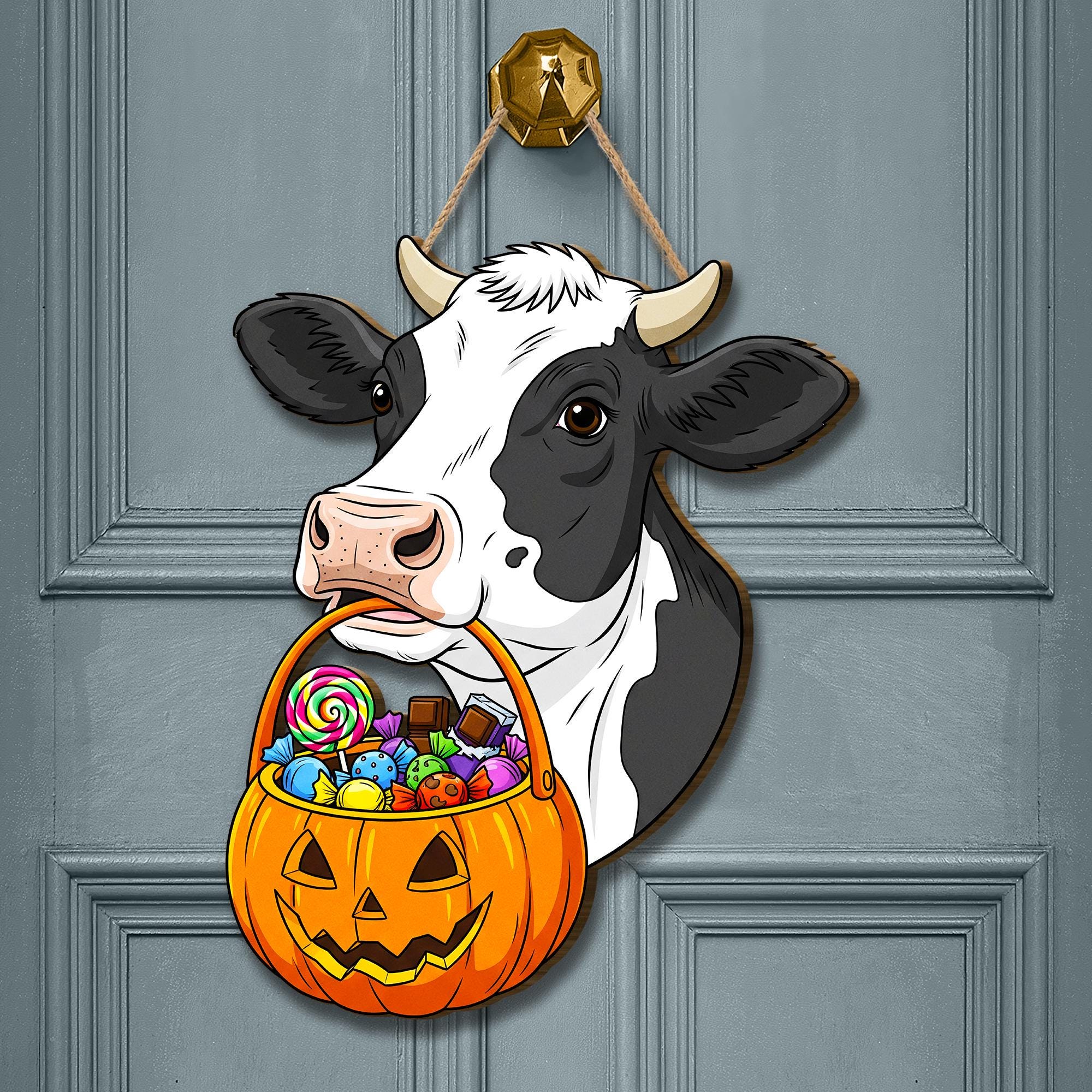 Funny Cow Halloween Door Hanger: Farmhouse Pumpkin Candy Basket