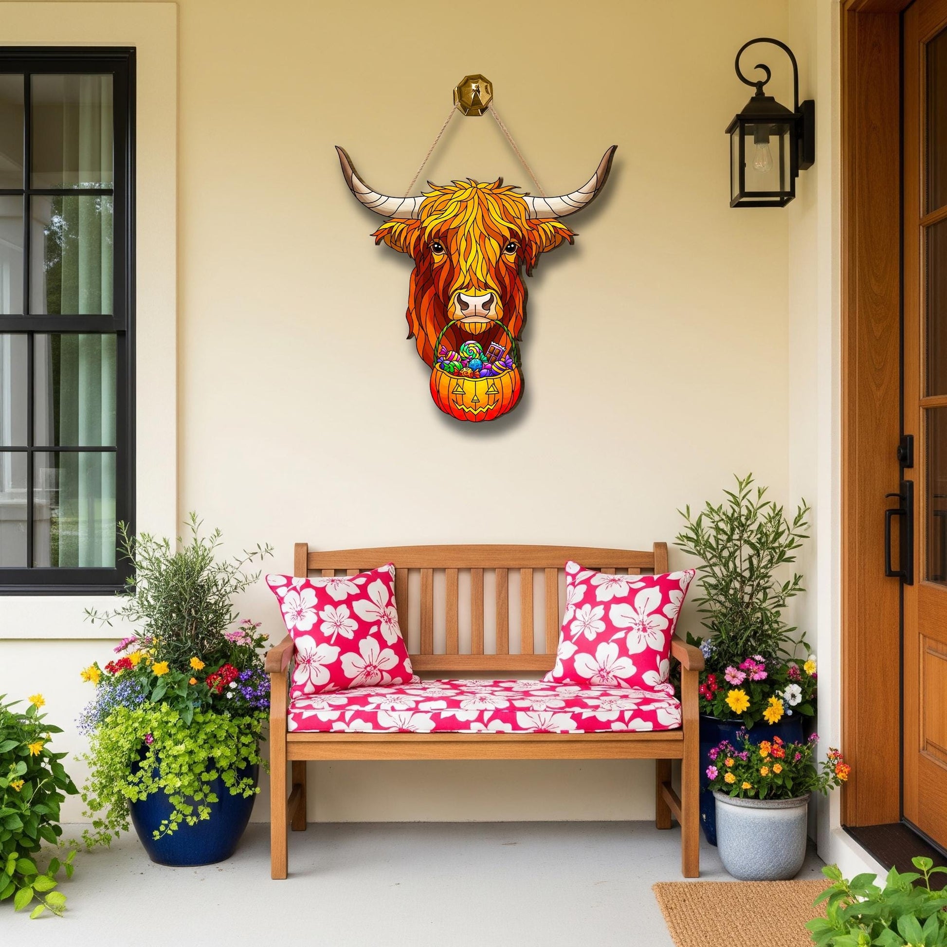 Highland Cow Halloween Door Hanger: Farmhouse Pumpkin Candy Holder